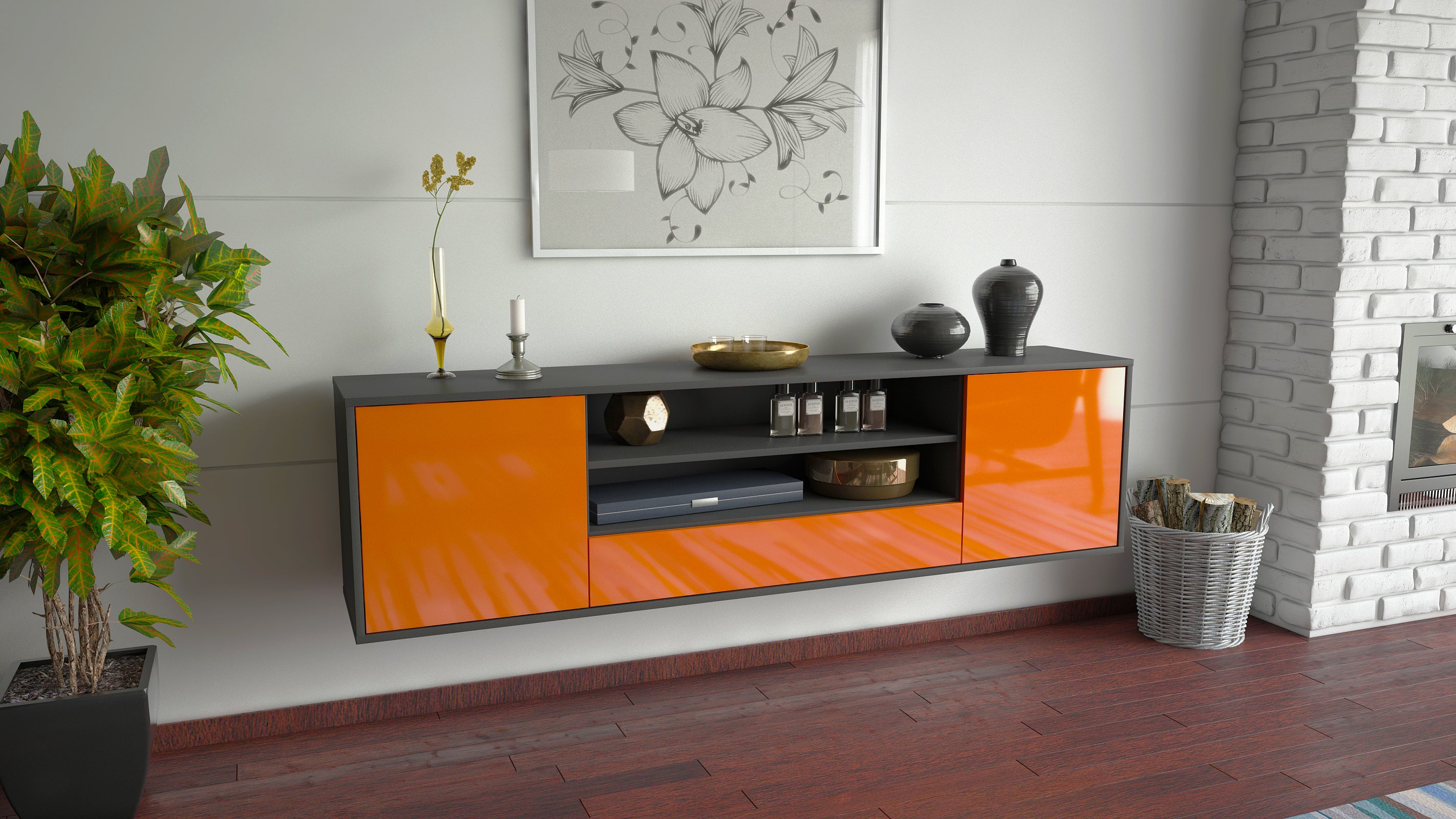 Lowboard - Armida - Design Hochglanz - Wandmontage mit Push to Open 180 cm Anthrazit