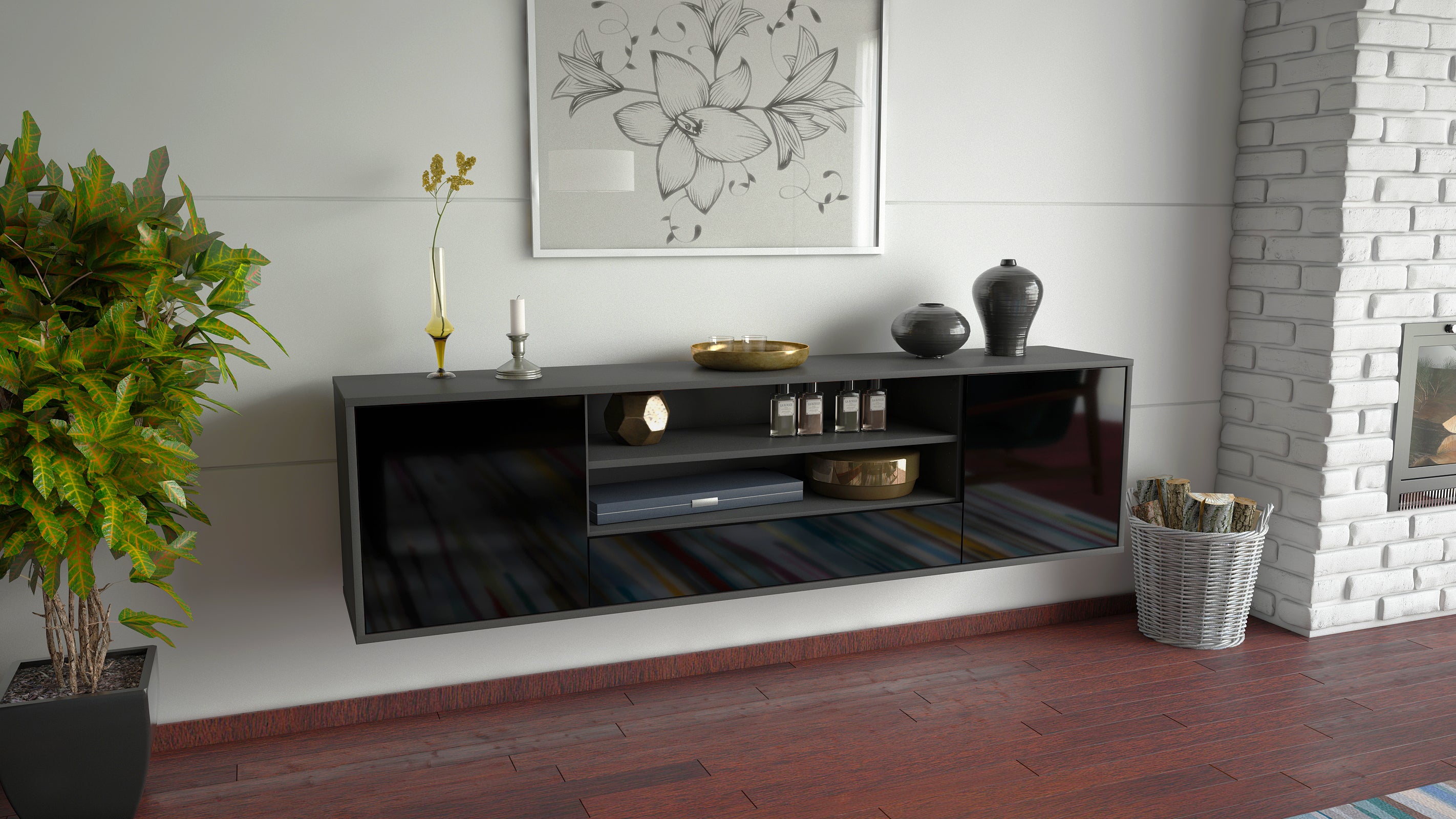 Lowboard - Armida - Design Hochglanz - Wandmontage mit Push to Open 180 cm Anthrazit