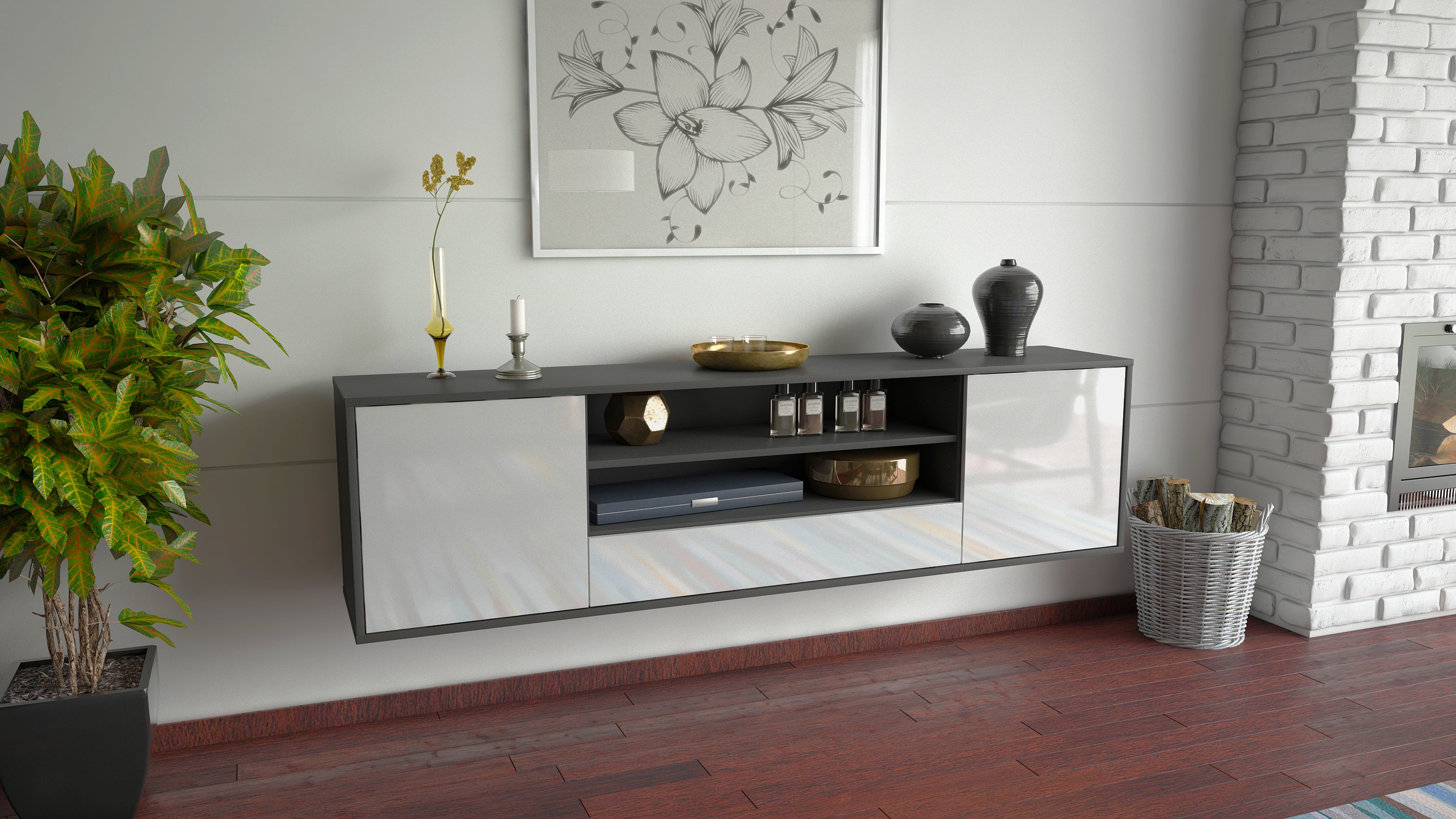 Lowboard - Armida - Design Hochglanz - Wandmontage mit Push to Open 180 cm Anthrazit