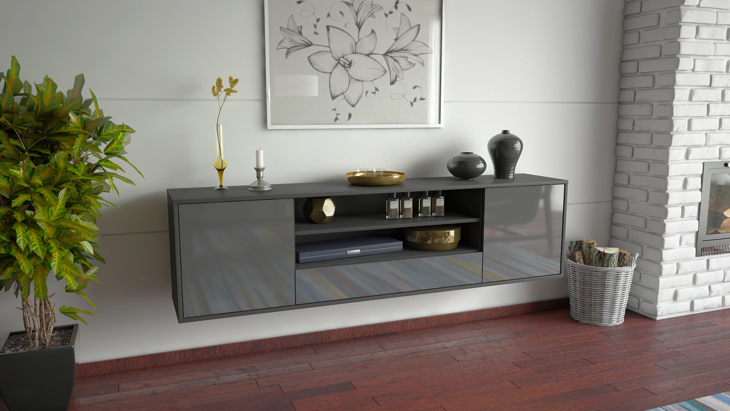 Lowboard - Armida - Design Hochglanz - Wandmontage mit Push to Open 180 cm Anthrazit