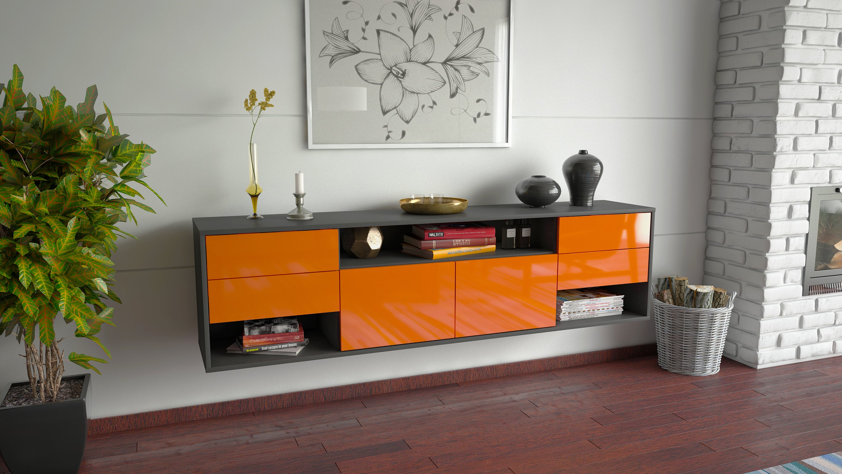 Lowboard - Barbara - Design Hochglanz - Wandmontage mit Push to Open 180 cm Anthrazit