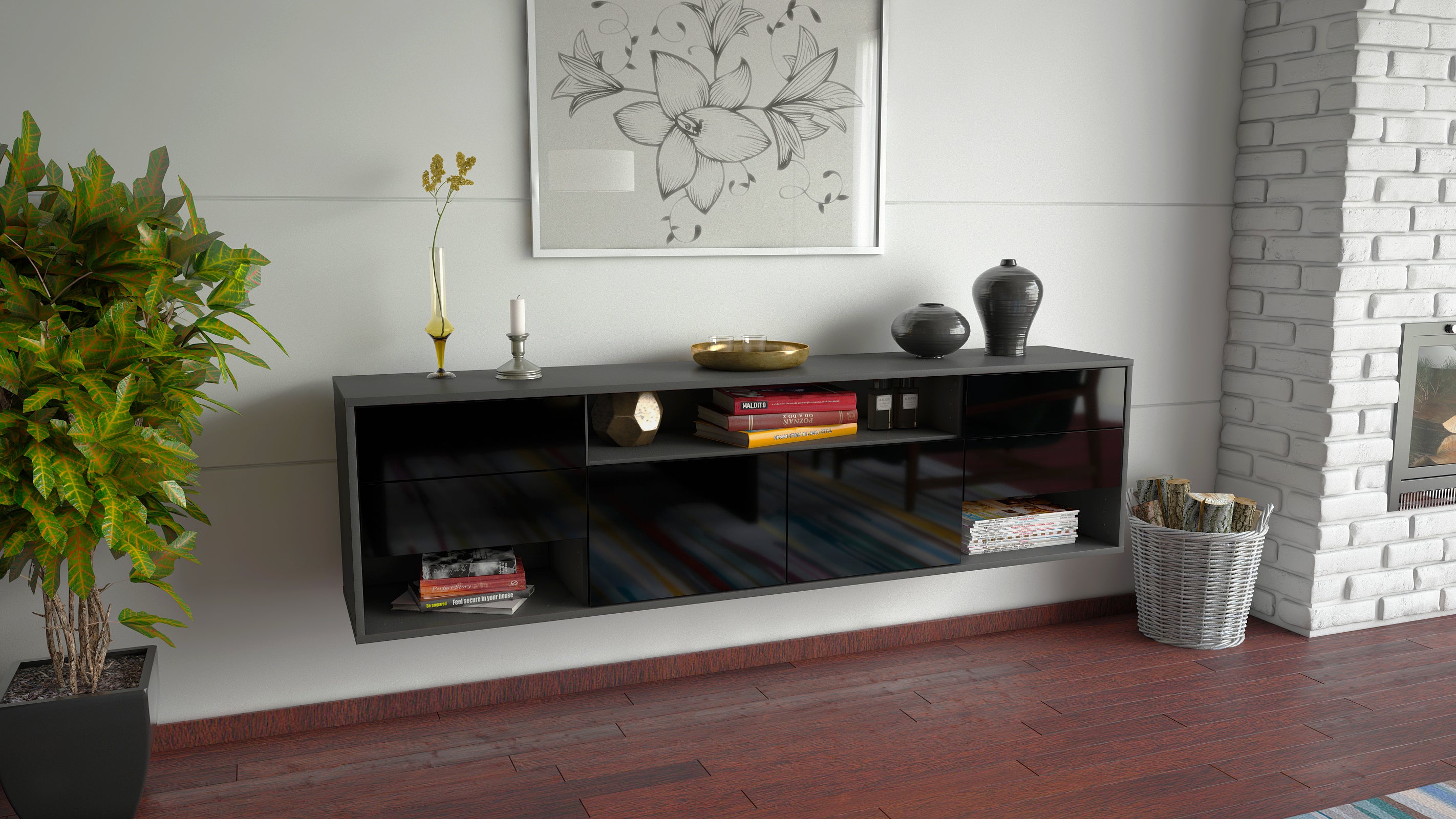 Lowboard - Barbara - Design Hochglanz - Wandmontage mit Push to Open 180 cm Anthrazit