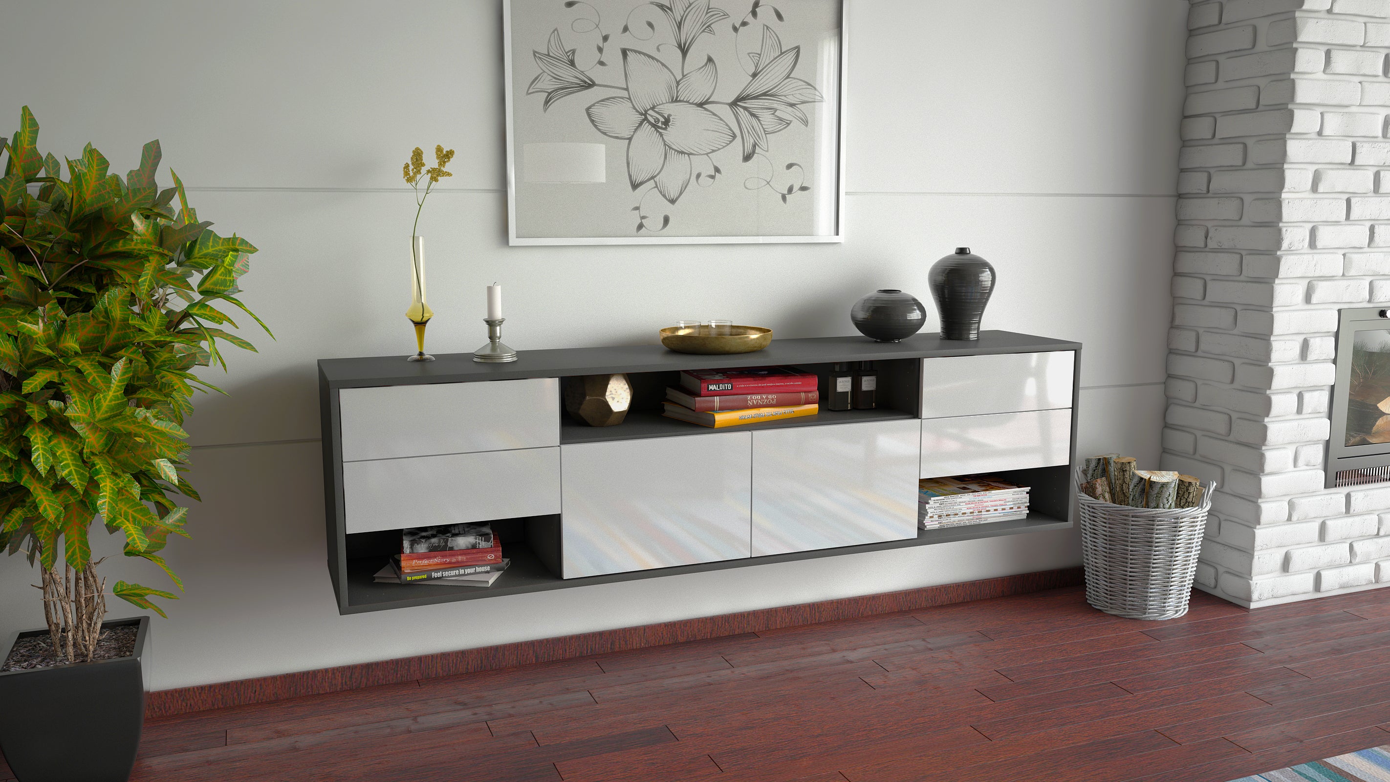 Lowboard - Barbara - Design Hochglanz - Wandmontage mit Push to Open 180 cm Anthrazit