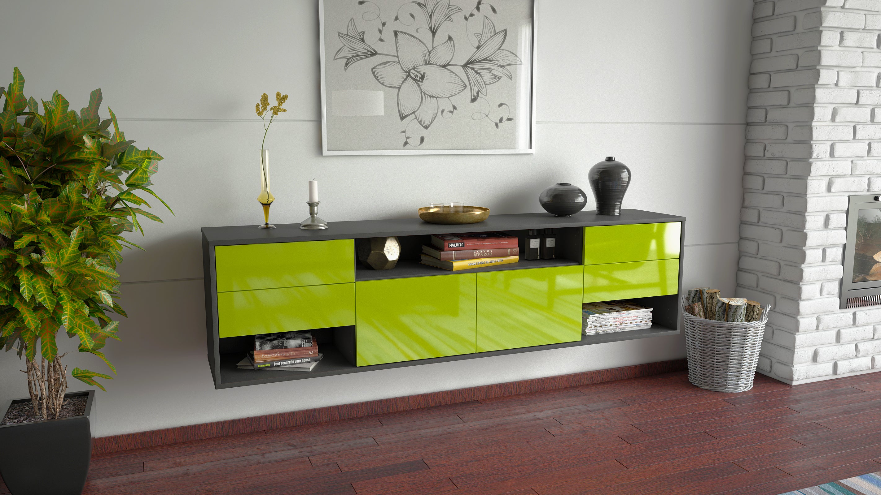 Lowboard - Barbara - Design Hochglanz - Wandmontage mit Push to Open 180 cm Anthrazit