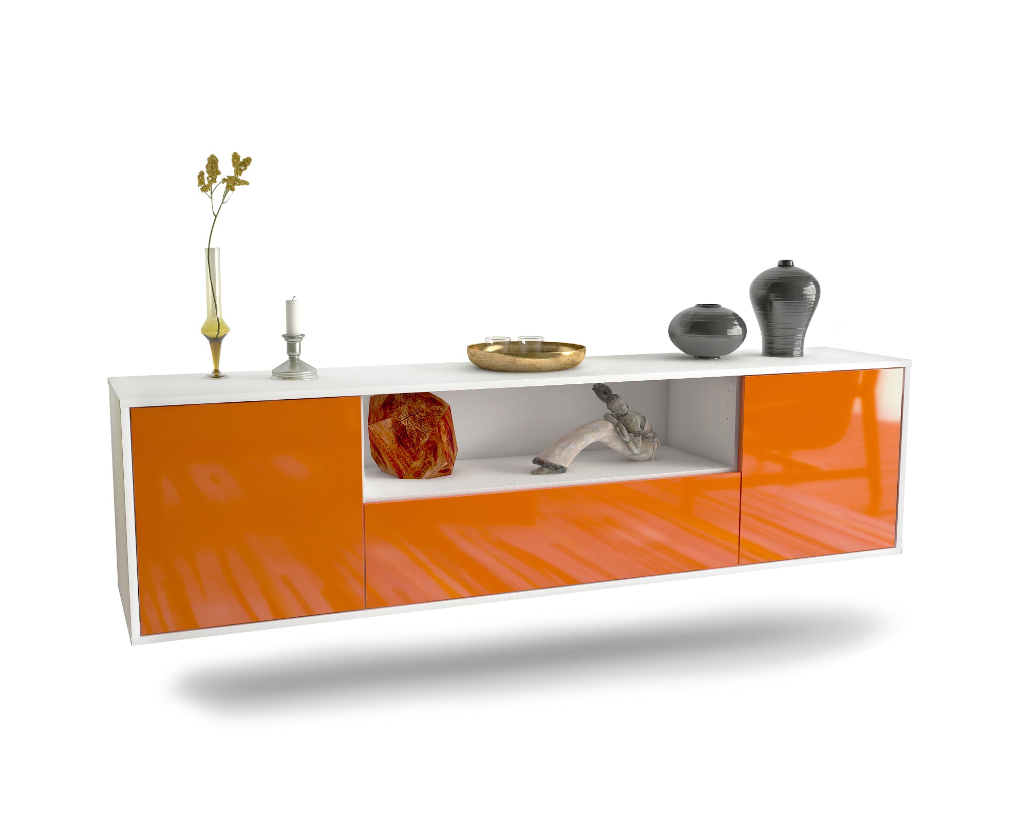Lowboard - Arbnora - Design Hochglanz - Wandmontage mit Push to Open 180 cm Weiss