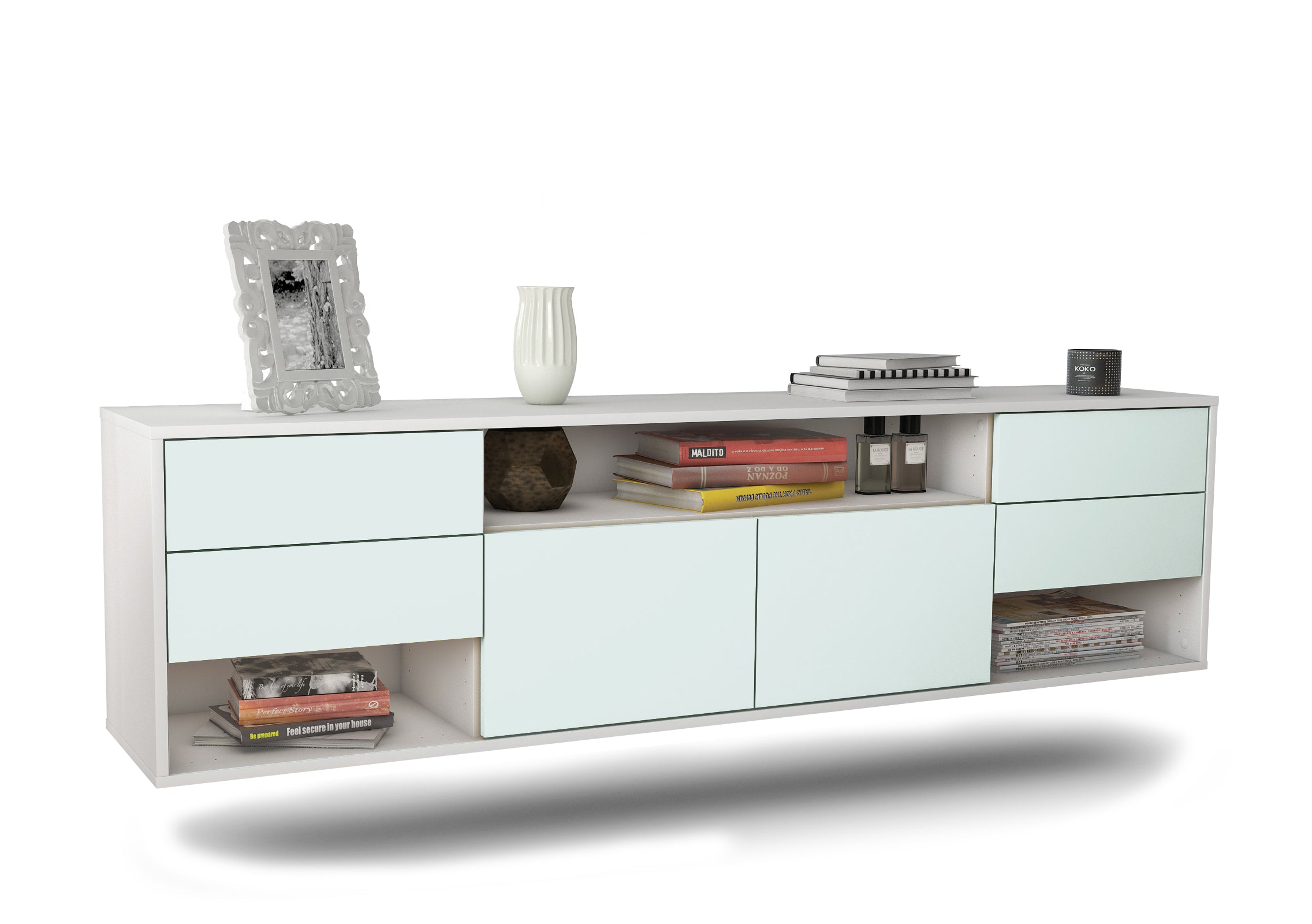Lowboard - Barbara - Design Farbakzent - Wandmontage mit Push to Open 180 cm Weiss