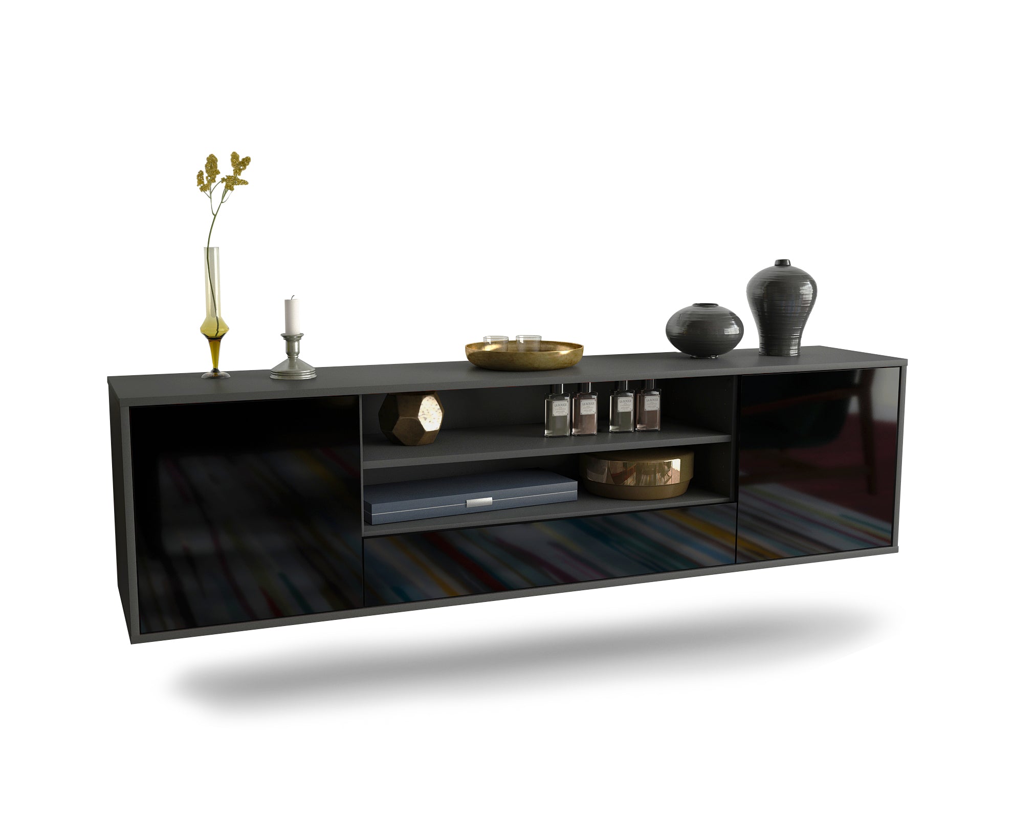 Lowboard - Armida - Design Hochglanz - Wandmontage mit Push to Open 180 cm Anthrazit