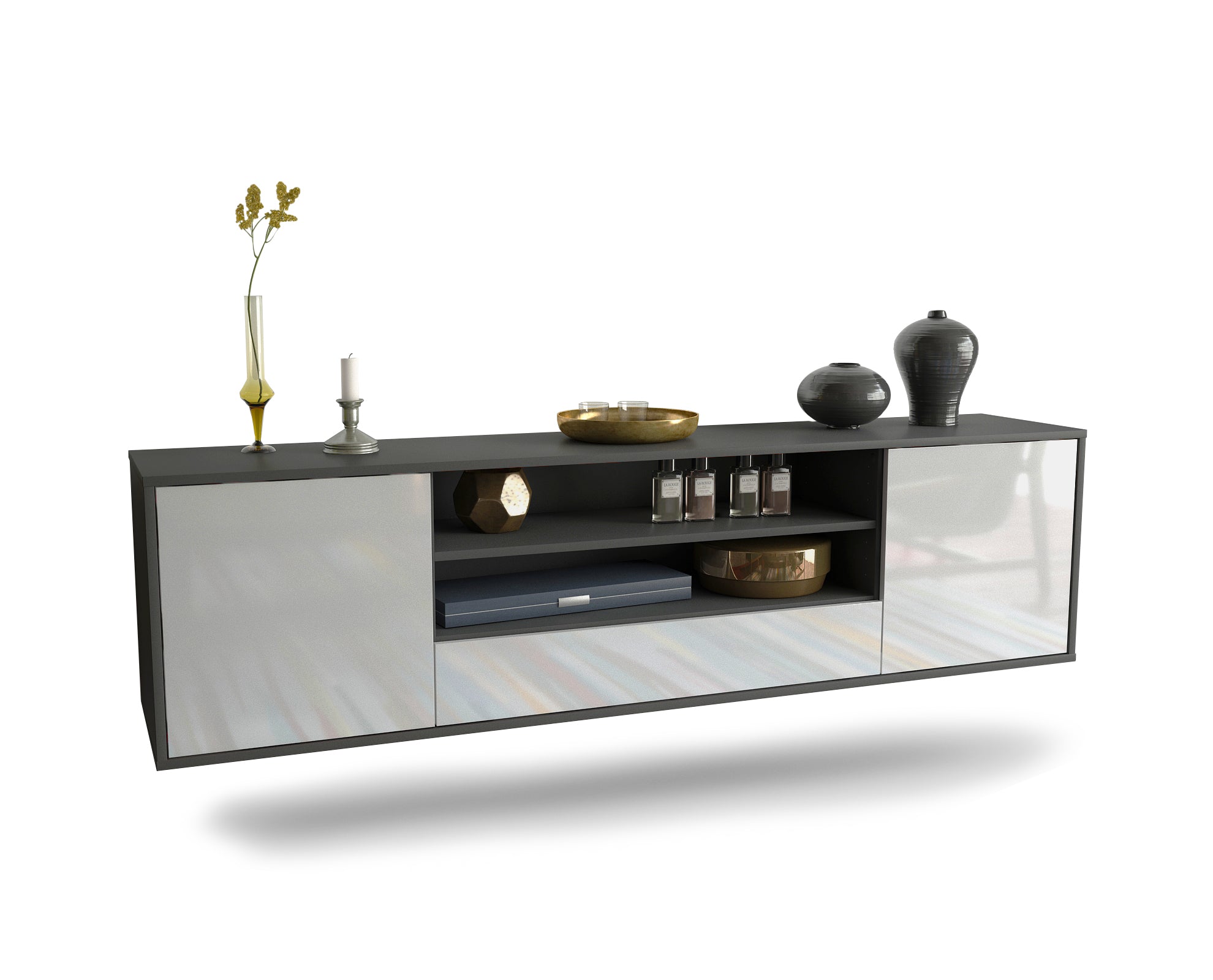 Lowboard - Armida - Design Hochglanz - Wandmontage mit Push to Open 180 cm Anthrazit