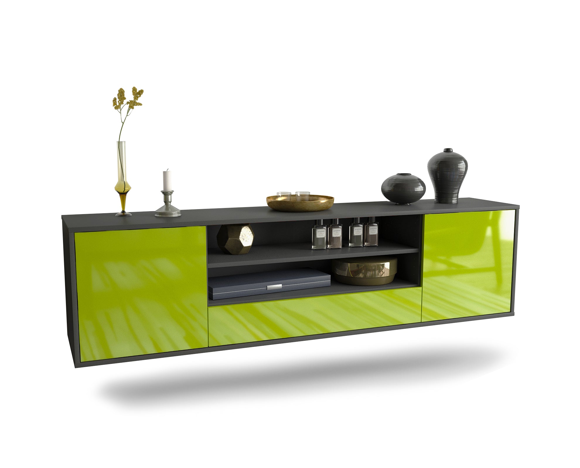 Lowboard - Armida - Design Hochglanz - Wandmontage mit Push to Open 180 cm Anthrazit