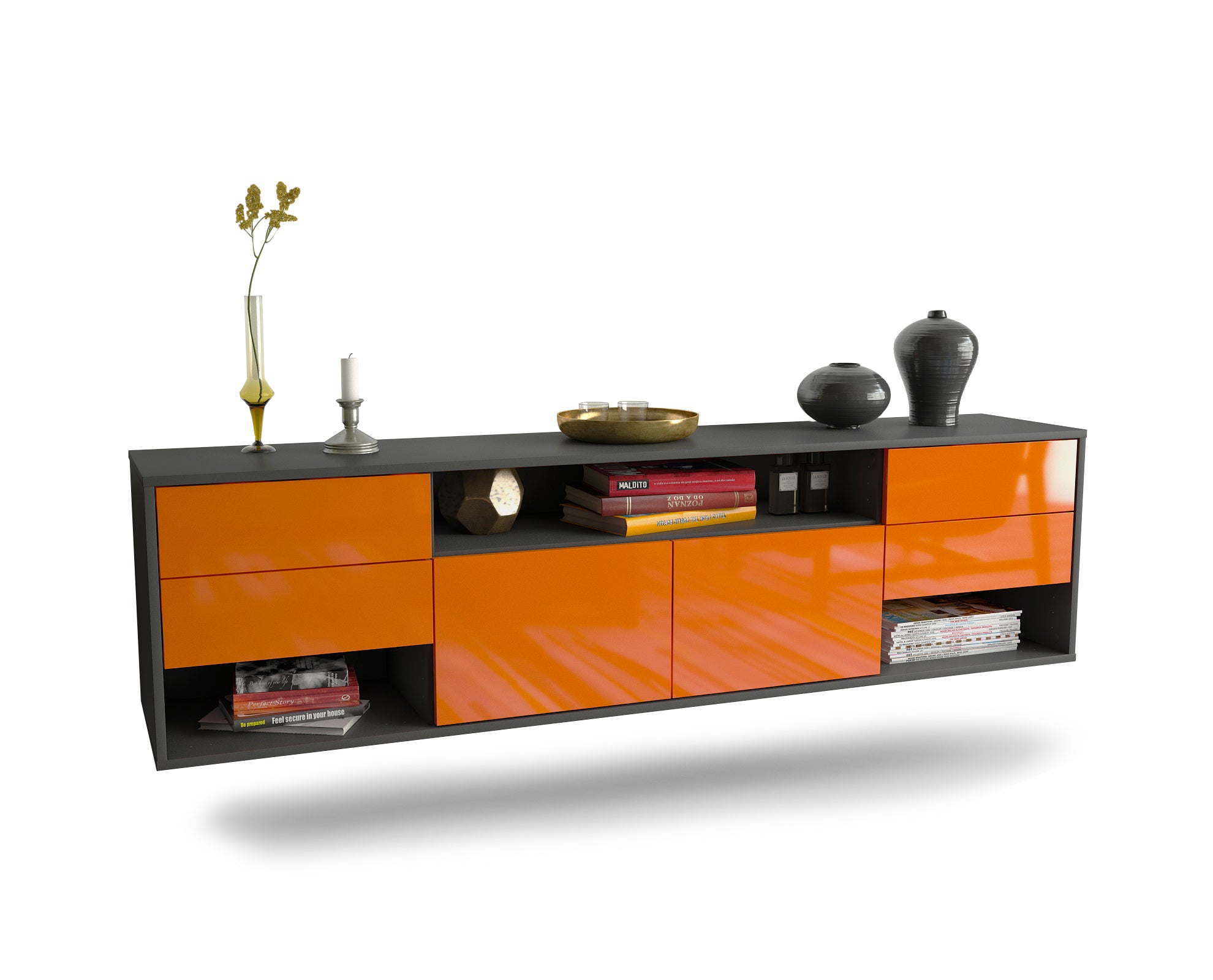 Lowboard - Barbara - Design Hochglanz - Wandmontage mit Push to Open 180 cm Anthrazit