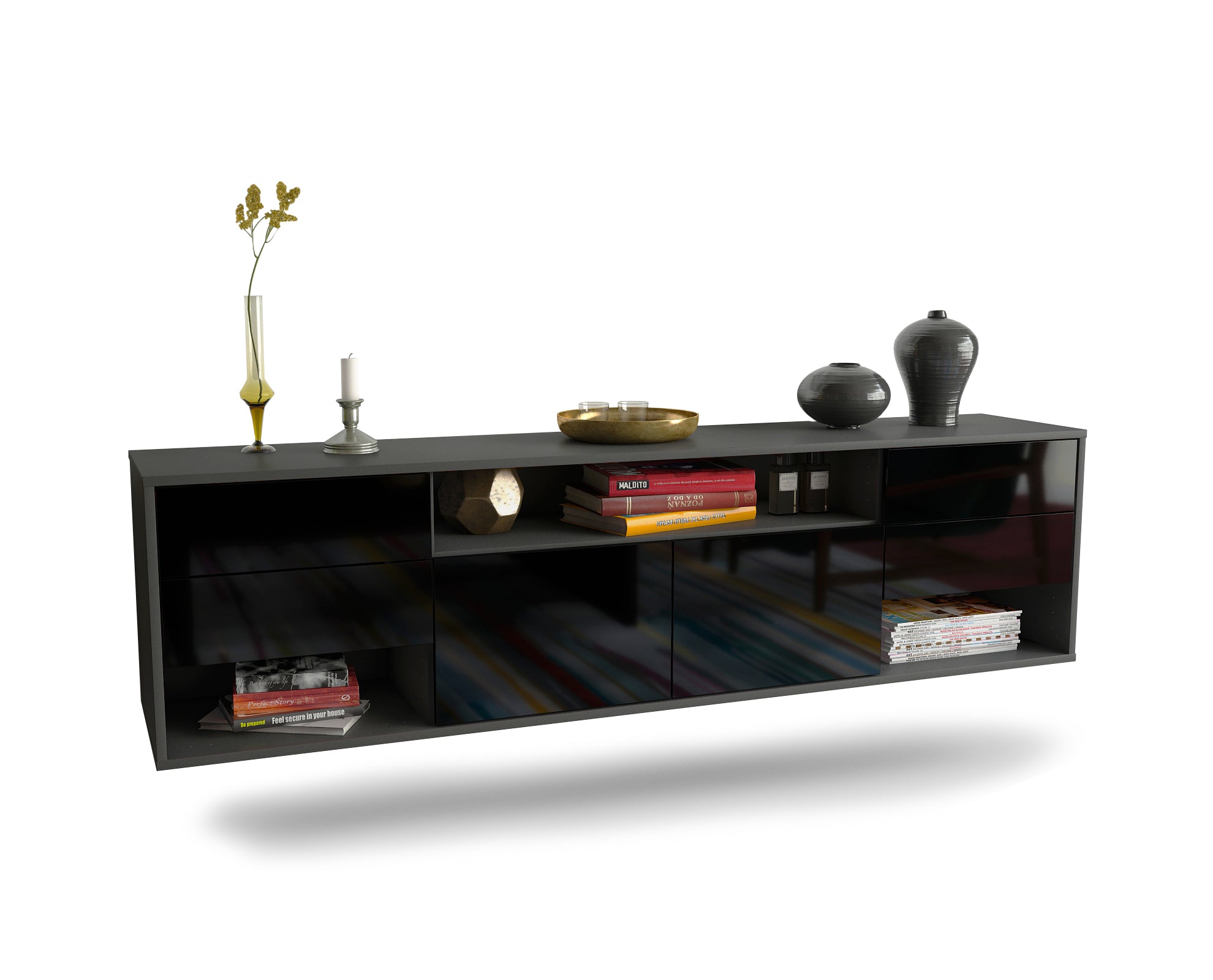 Lowboard - Barbara - Design Hochglanz - Wandmontage mit Push to Open 180 cm Anthrazit