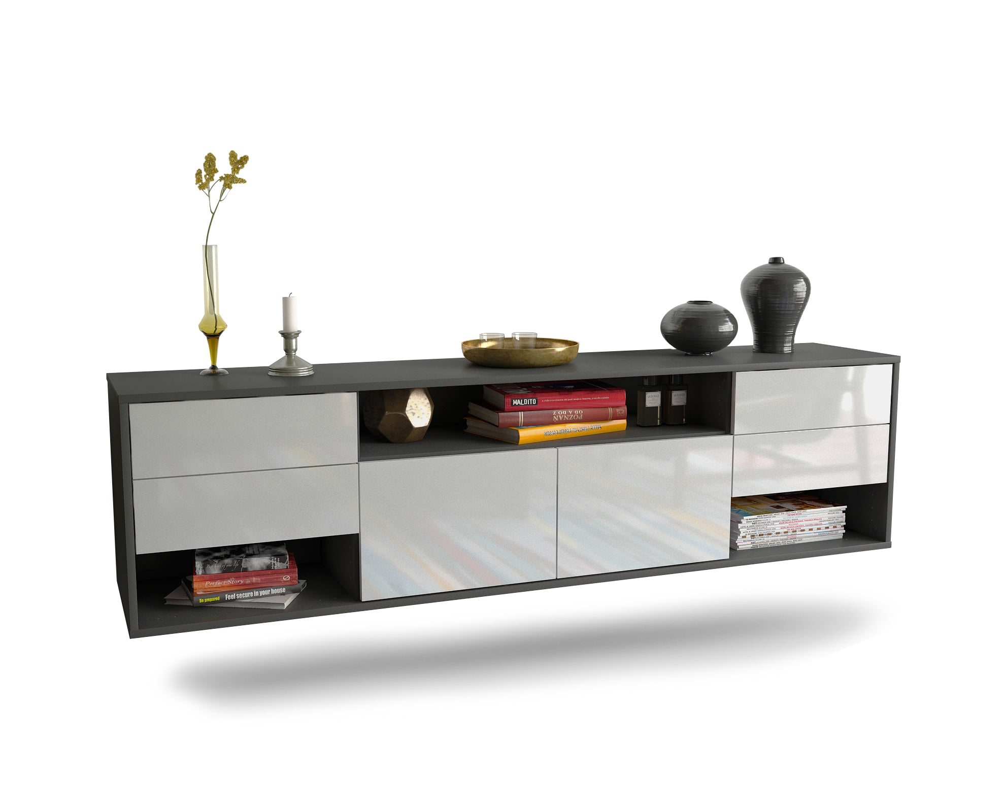 Lowboard - Barbara - Design Hochglanz - Wandmontage mit Push to Open 180 cm Anthrazit