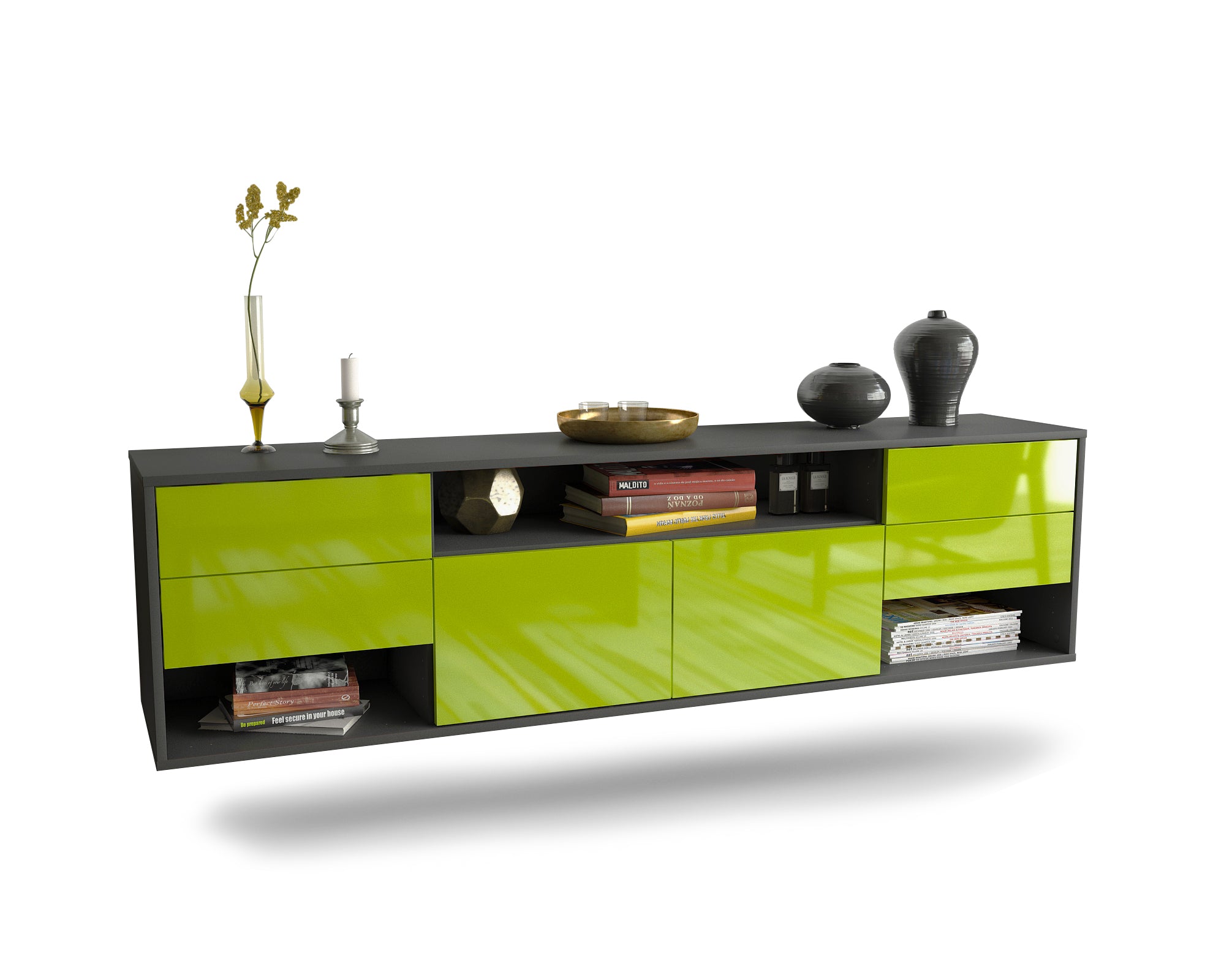 Lowboard - Barbara - Design Hochglanz - Wandmontage mit Push to Open 180 cm Anthrazit