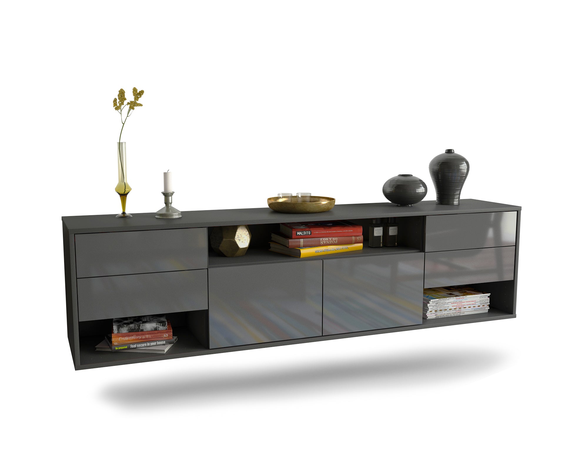 Lowboard - Barbara - Design Hochglanz - Wandmontage mit Push to Open 180 cm Anthrazit
