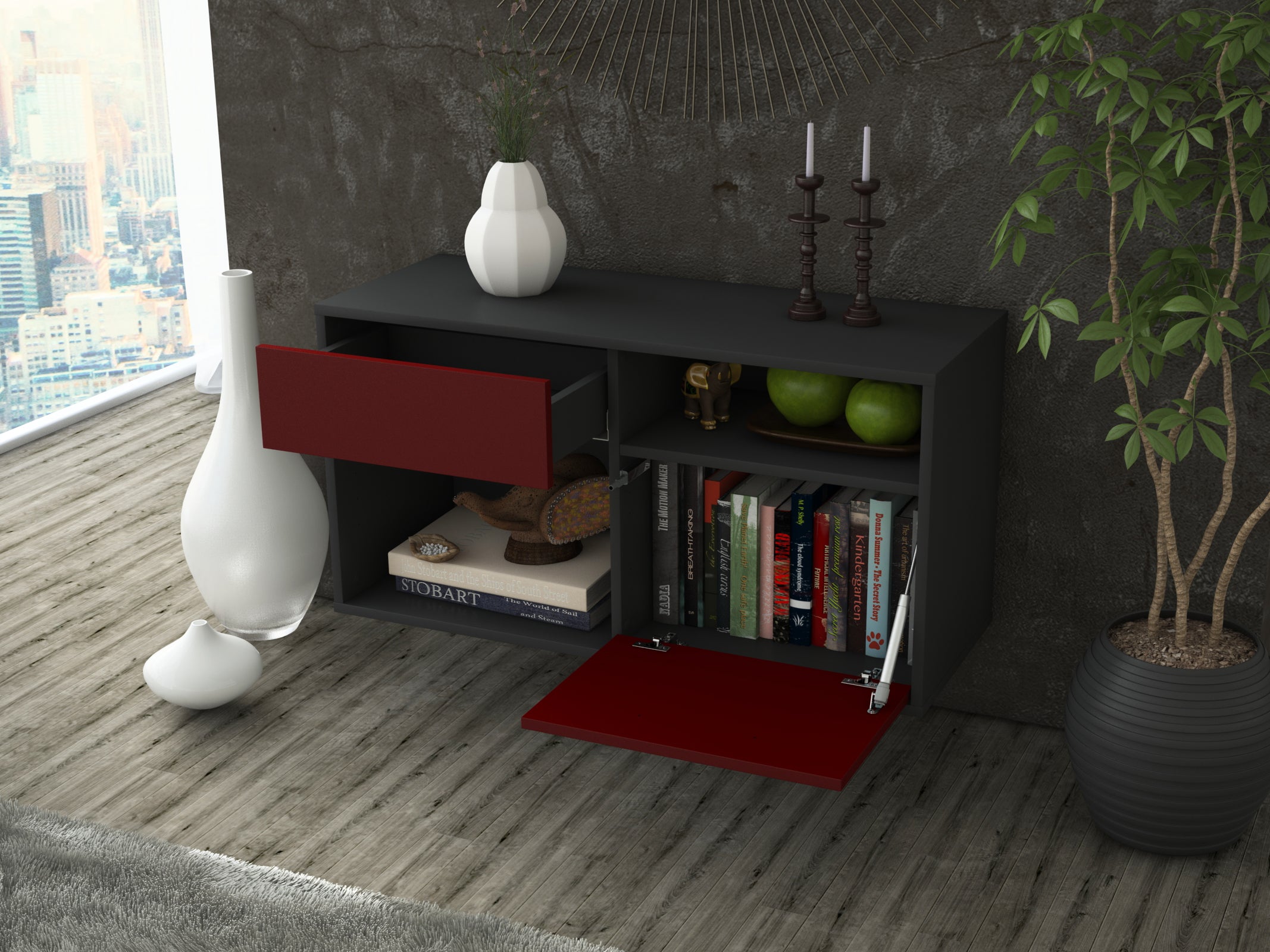 Lowboard - Albina - Design Farbakzent - Wandmontage mit Push to Open 92 cm Anthrazit