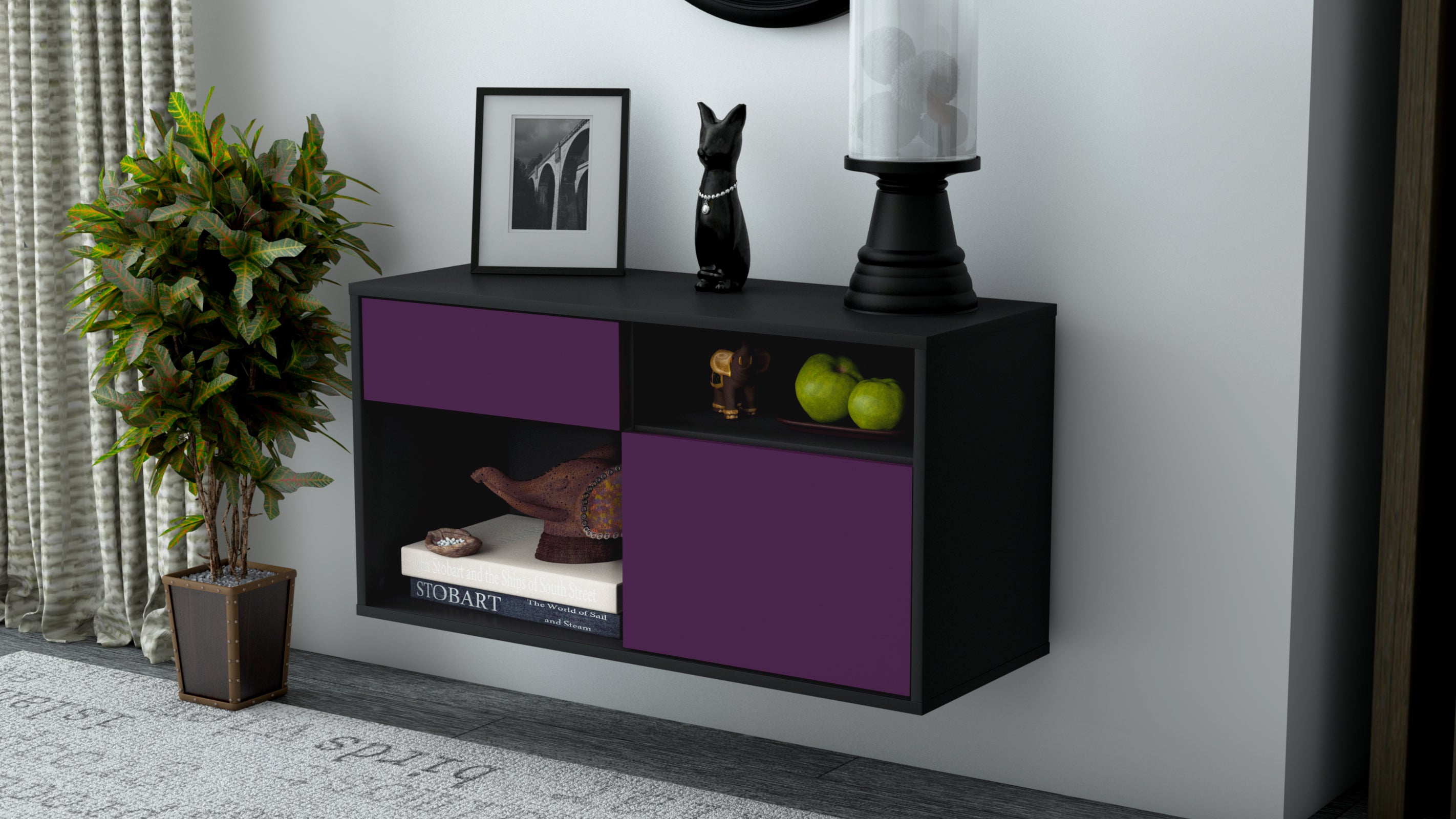 Lowboard - Albina - Design Farbakzent - Wandmontage mit Push to Open 92 cm Anthrazit