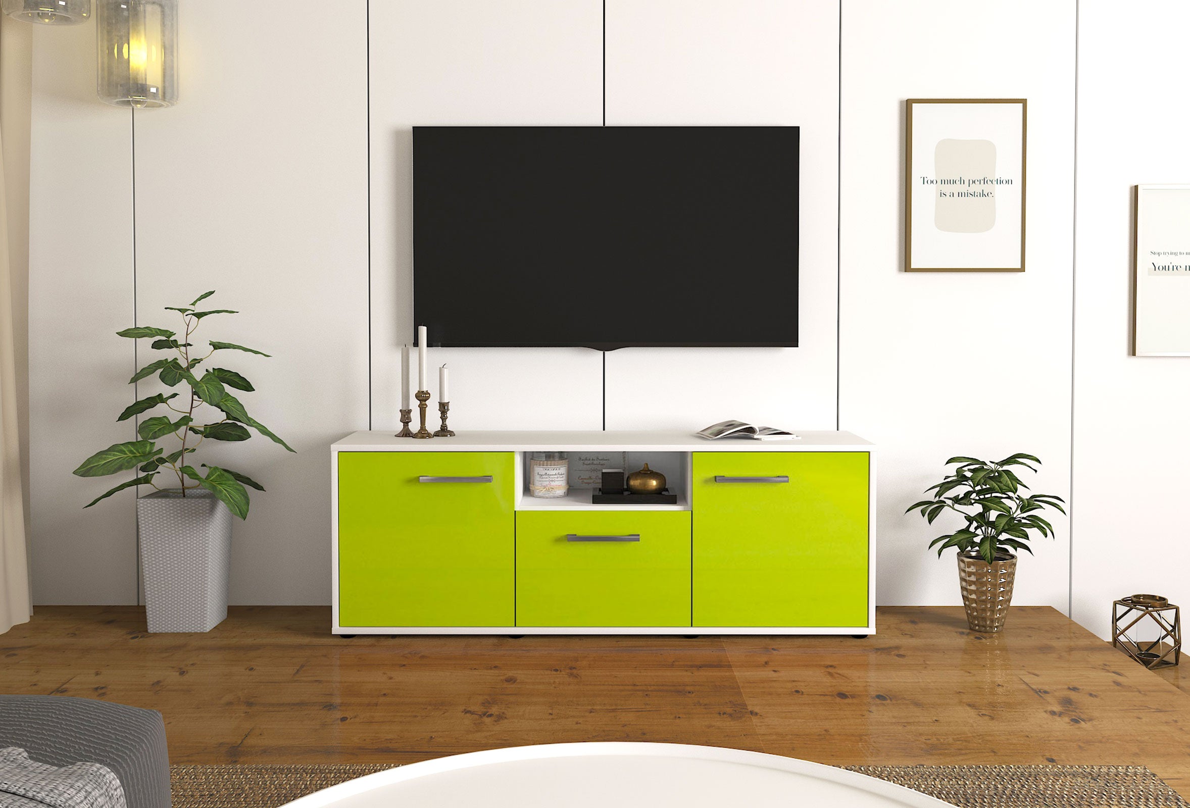Lowboard - Andreana - Design Hochglanz - Freistehend mit Griffe 136 cm Weiss