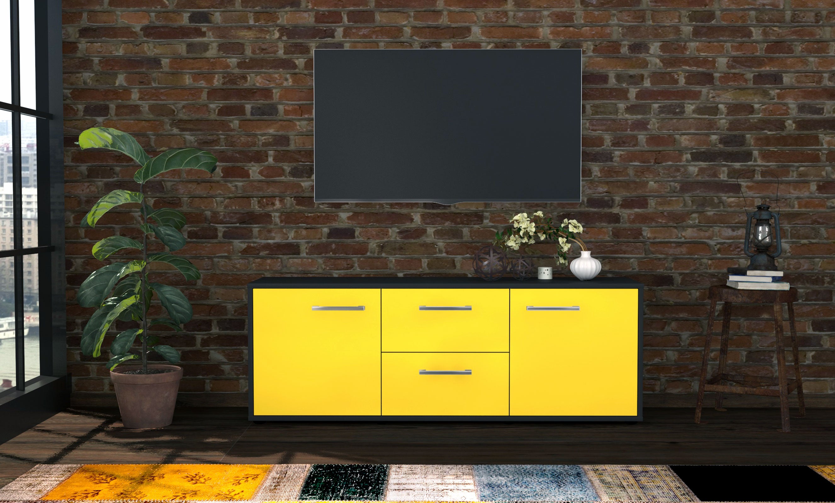 Lowboard - Alma - Design Farbakzent - Freistehend mit Griffe 136 cm Anthrazit