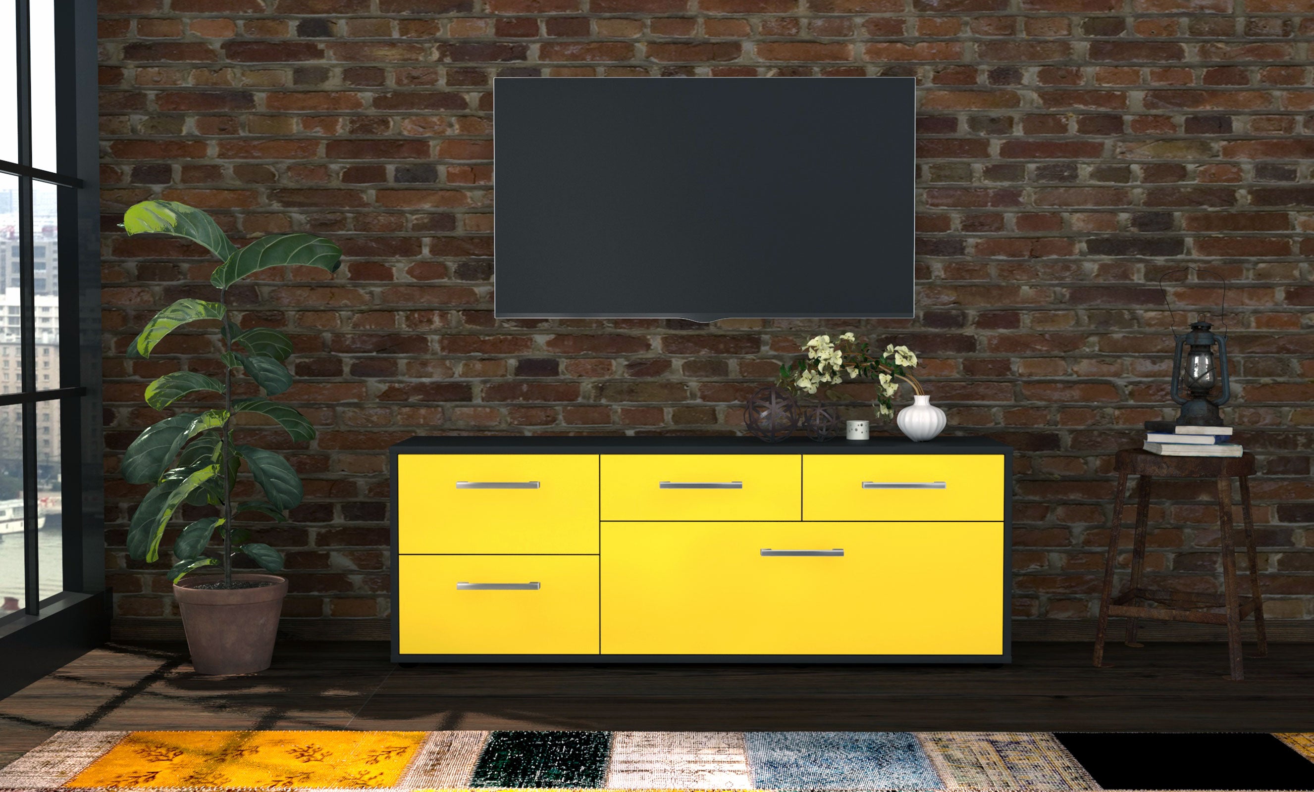 Lowboard - Anais - Design Farbakzent - Freistehend mit Griffe 136 cm Anthrazit
