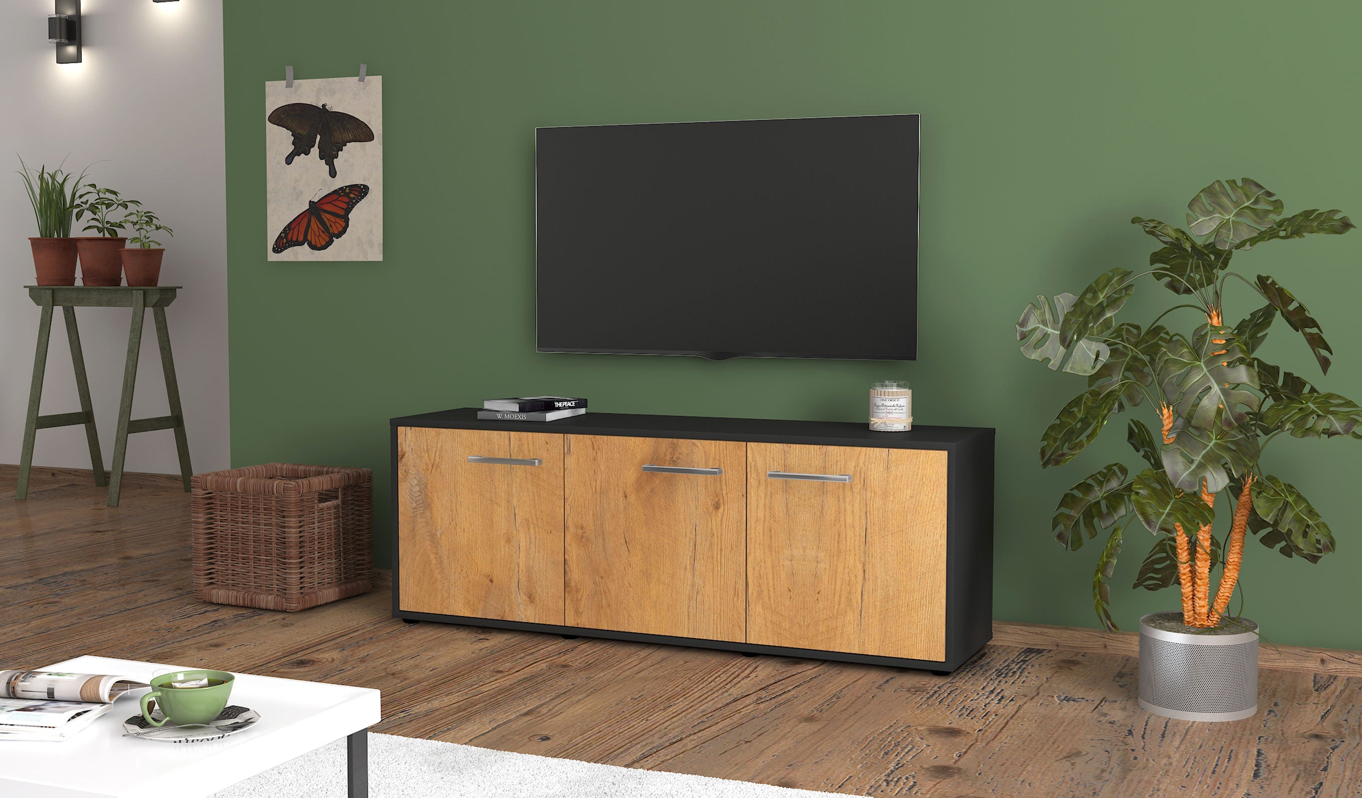 Lowboard - Allegra - Design Holzdekor - Freistehend mit Griffe 136 cm Anthrazit