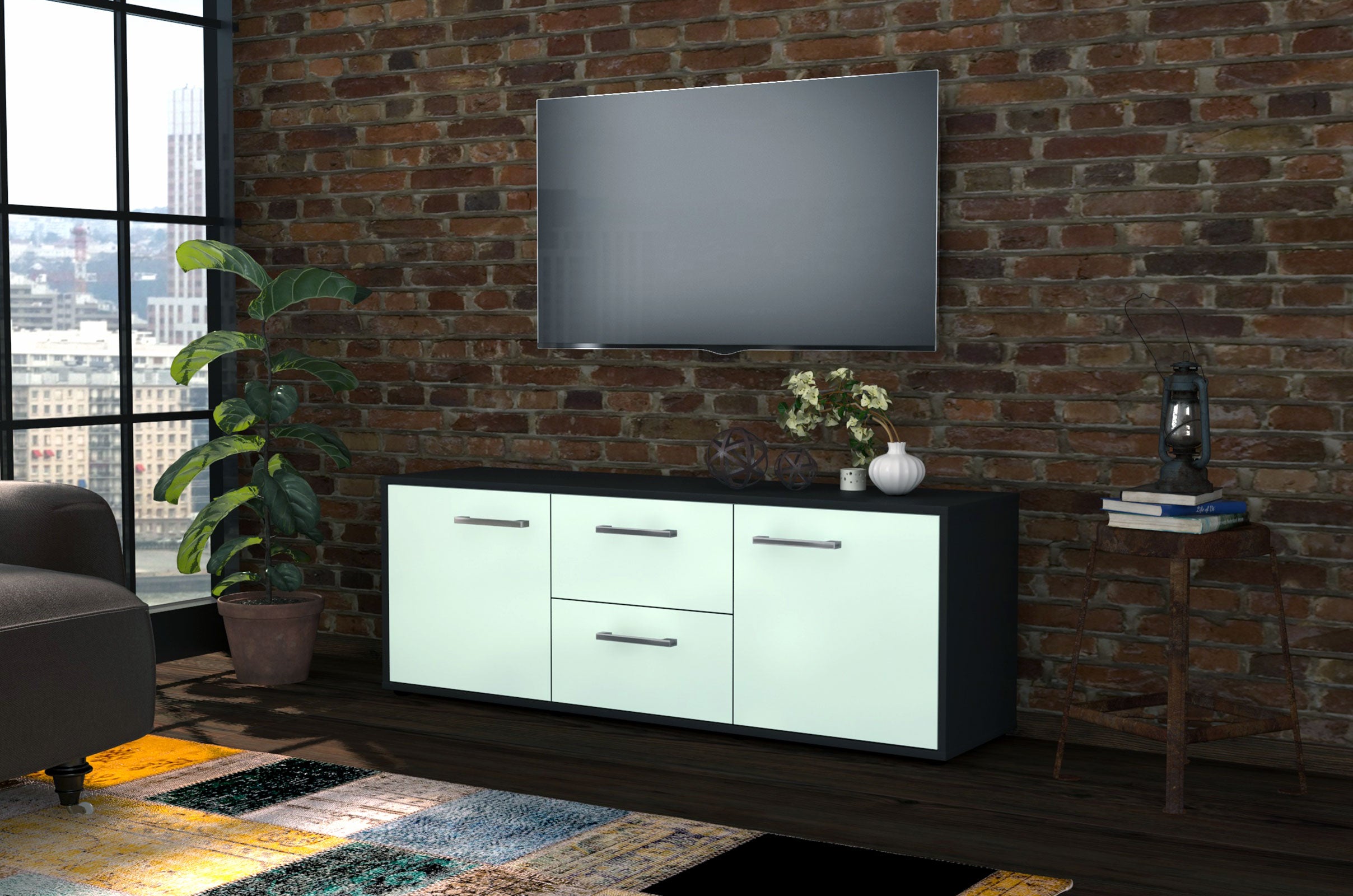Lowboard - Alma - Design Farbakzent - Freistehend mit Griffe 136 cm Anthrazit