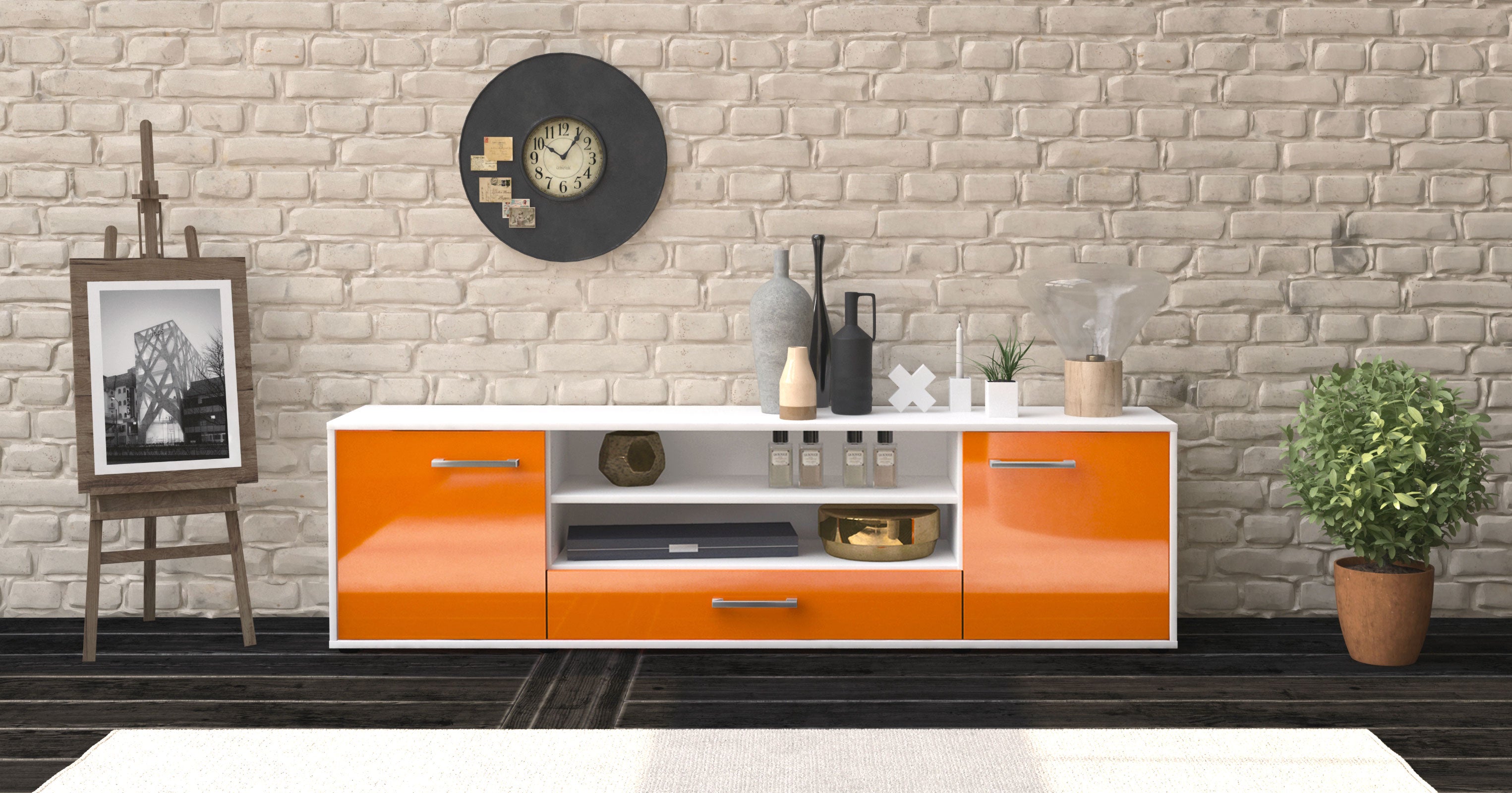 Lowboard - Armida - Design Hochglanz - Freistehend mit Griffe 180 cm Weiss