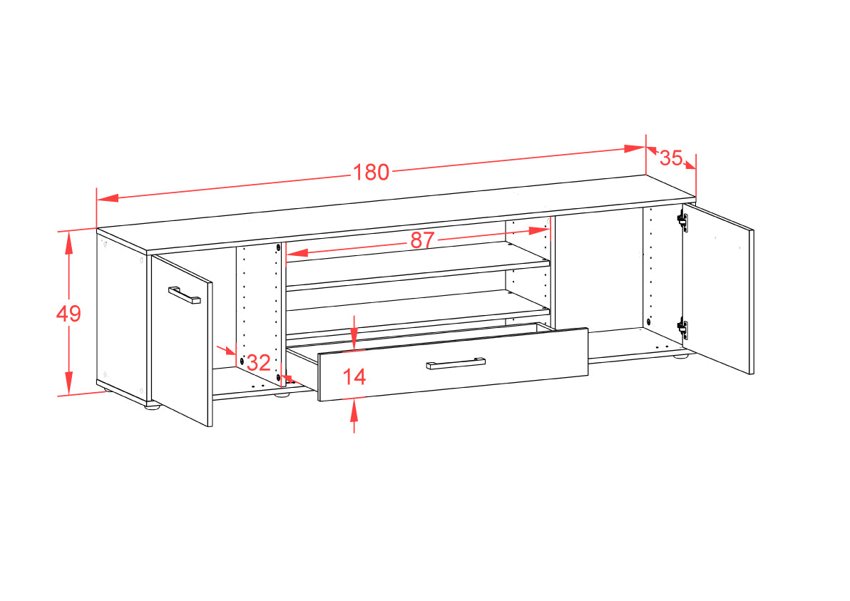 Lowboard - Armida - Design Hochglanz - Freistehend mit Griffe 180 cm Weiss