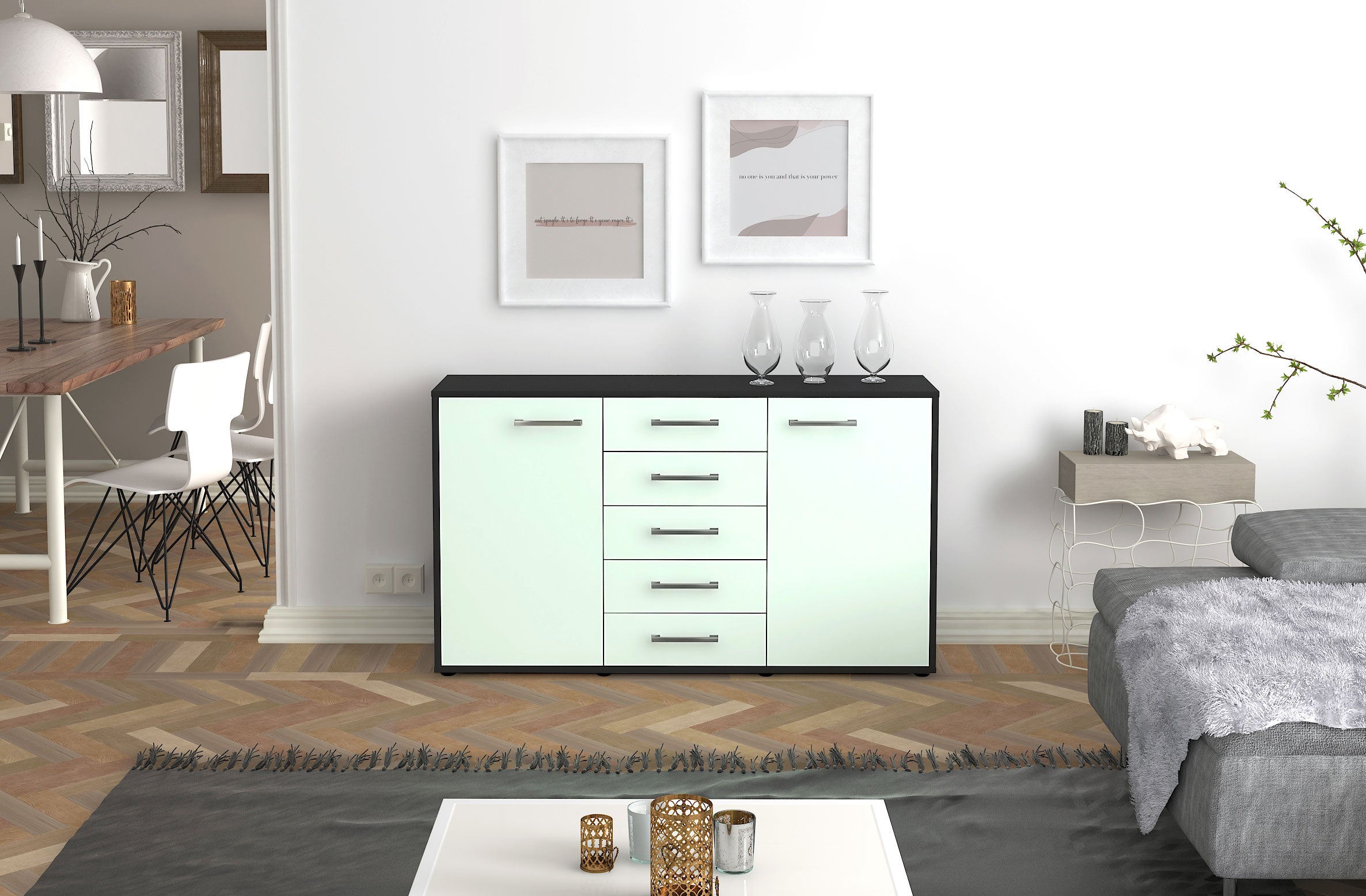 Sideboard - Dorelly - Design Farbakzent - Freistehend mit Griffe 136 cm Anthrazit