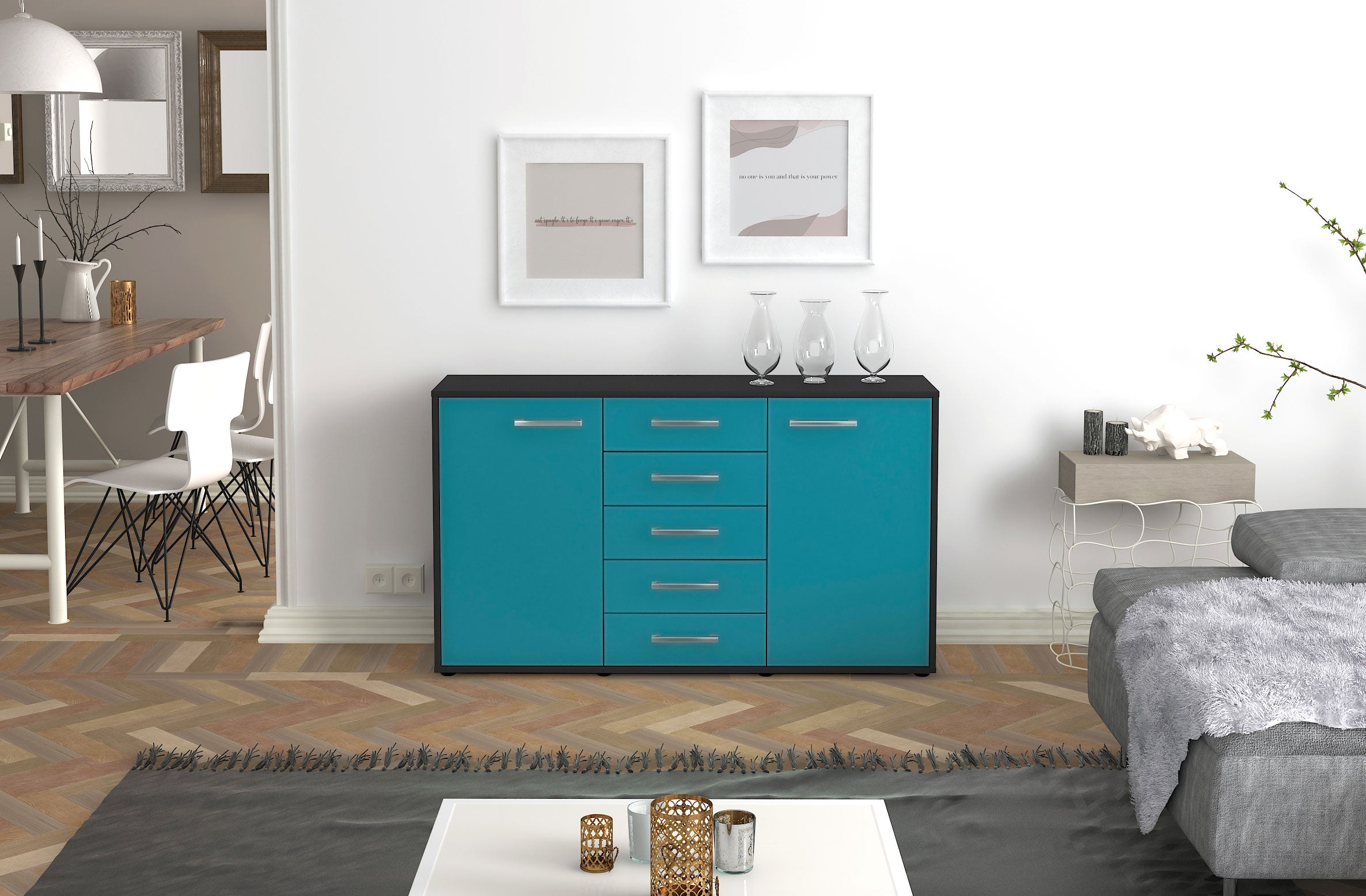 Sideboard - Dorelly - Design Farbakzent - Freistehend mit Griffe 136 cm Anthrazit