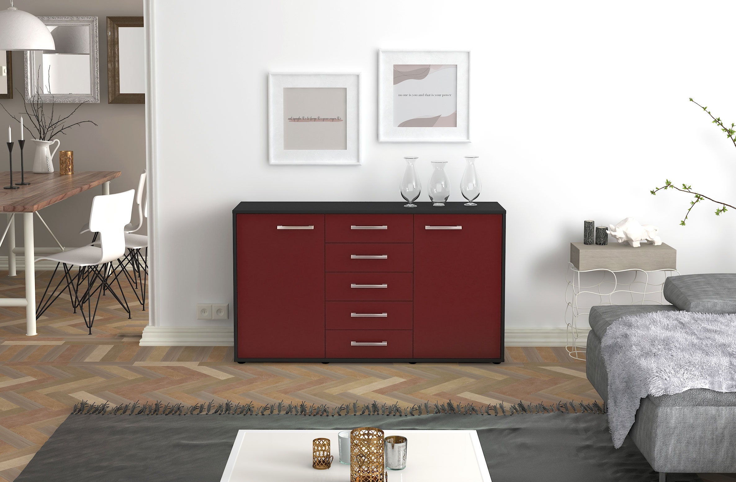 Sideboard - Dorelly - Design Farbakzent - Freistehend mit Griffe 136 cm Anthrazit