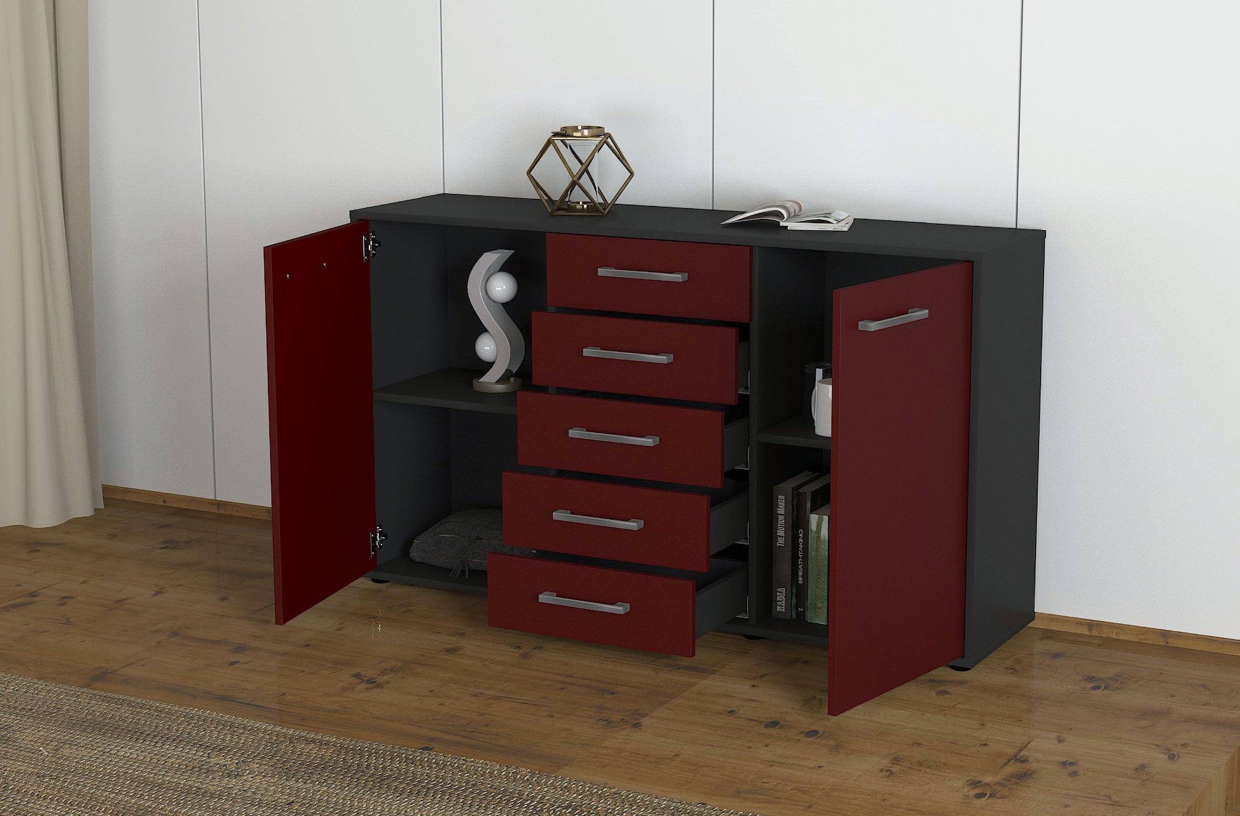 Sideboard - Dorelly - Design Farbakzent - Freistehend mit Griffe 136 cm Anthrazit