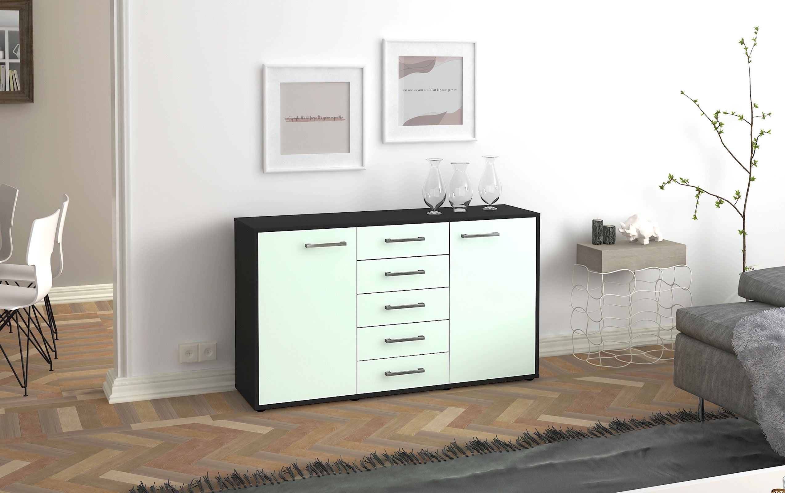 Sideboard - Dorelly - Design Farbakzent - Freistehend mit Griffe 136 cm Anthrazit