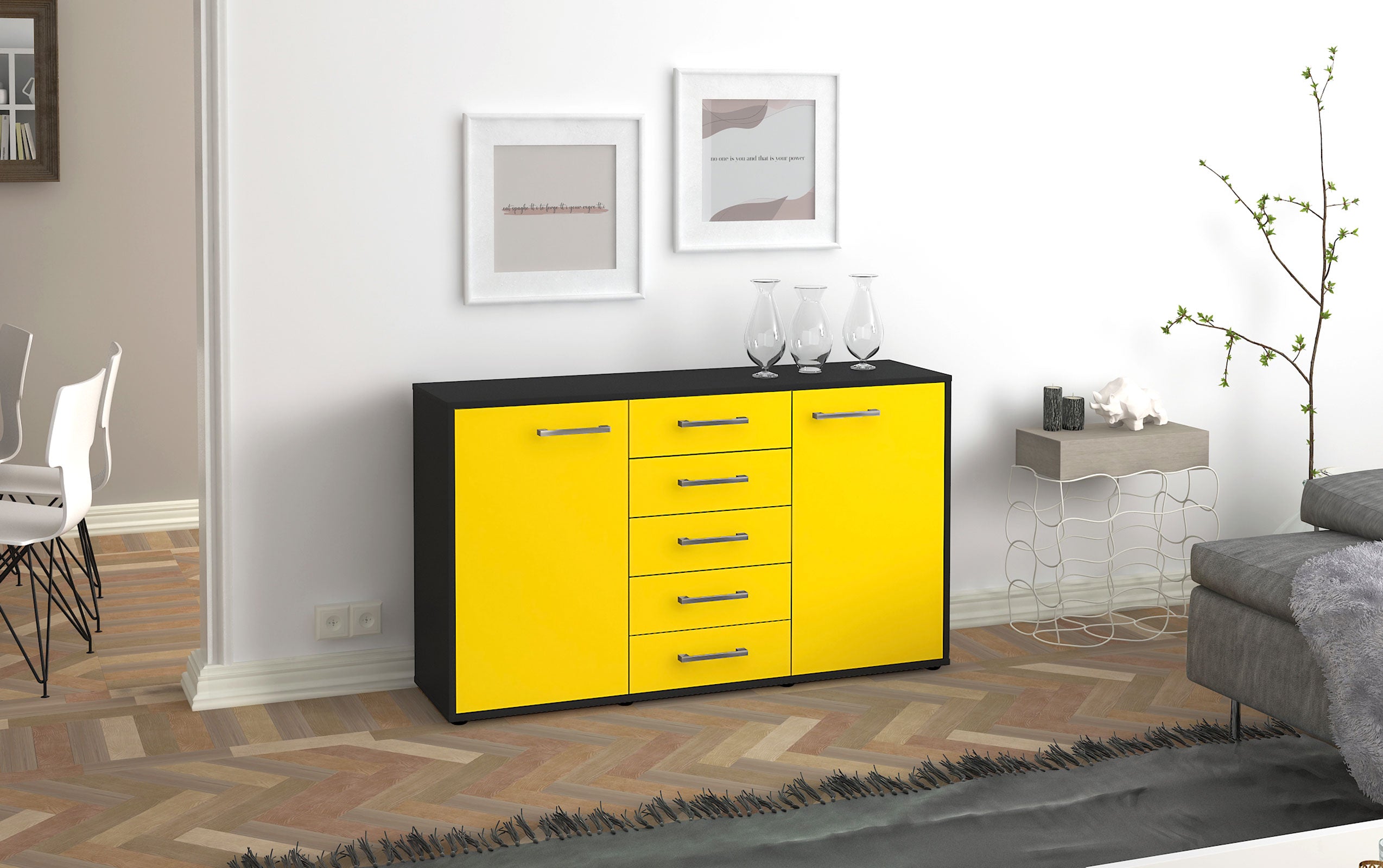 Sideboard - Dorelly - Design Farbakzent - Freistehend mit Griffe 136 cm Anthrazit