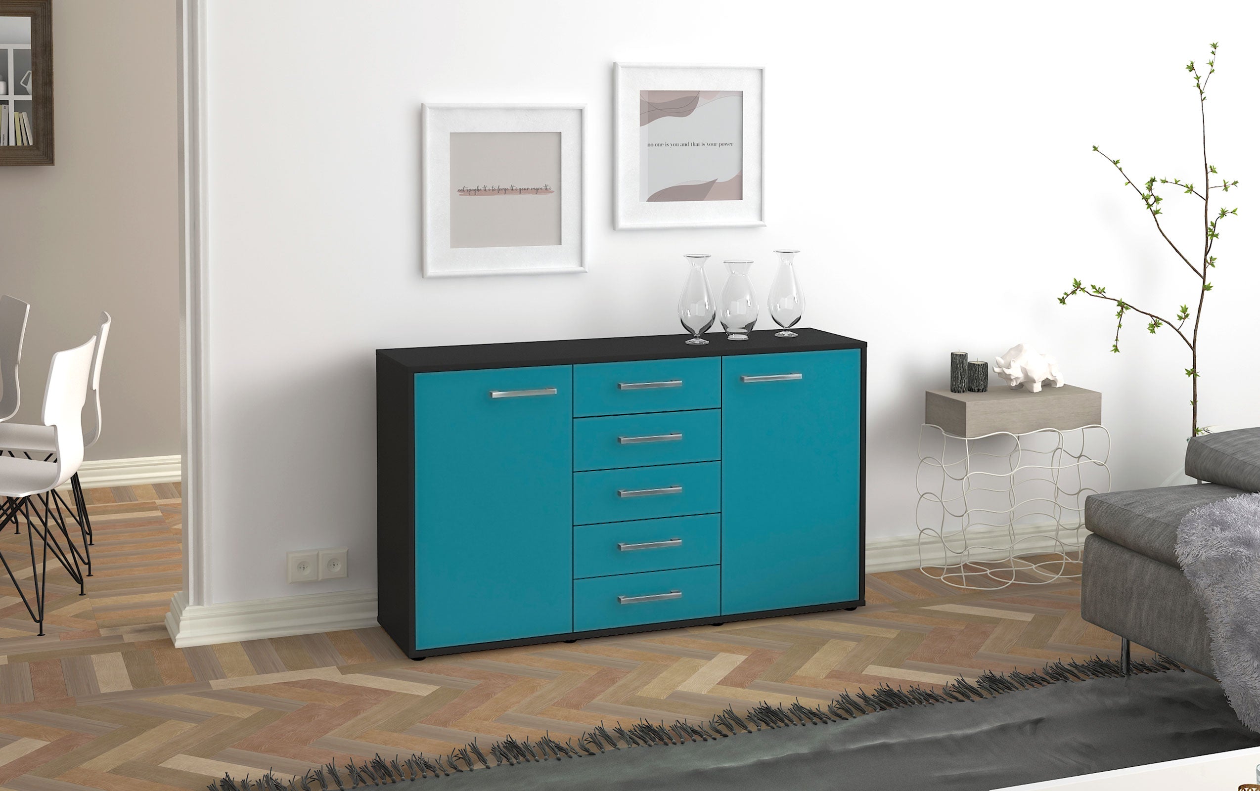Sideboard - Dorelly - Design Farbakzent - Freistehend mit Griffe 136 cm Anthrazit