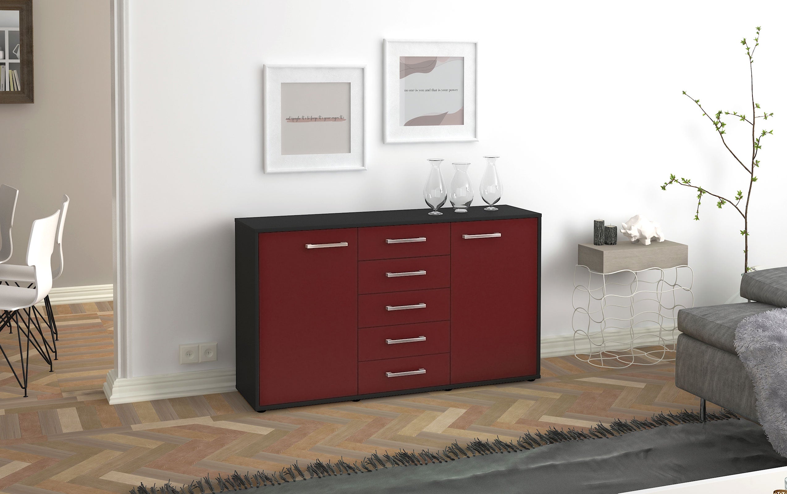 Sideboard - Dorelly - Design Farbakzent - Freistehend mit Griffe 136 cm Anthrazit