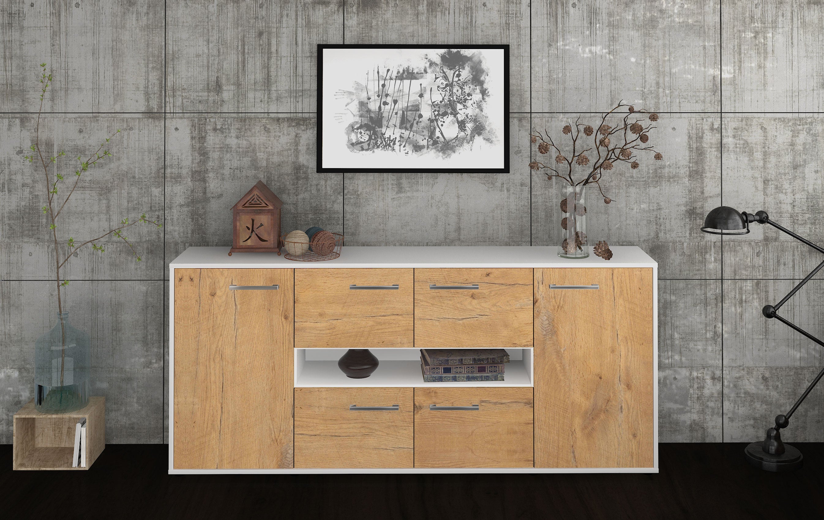 Sideboard - Farina - Design Holzdekor - Freistehend mit Griffe 180 cm Weiss