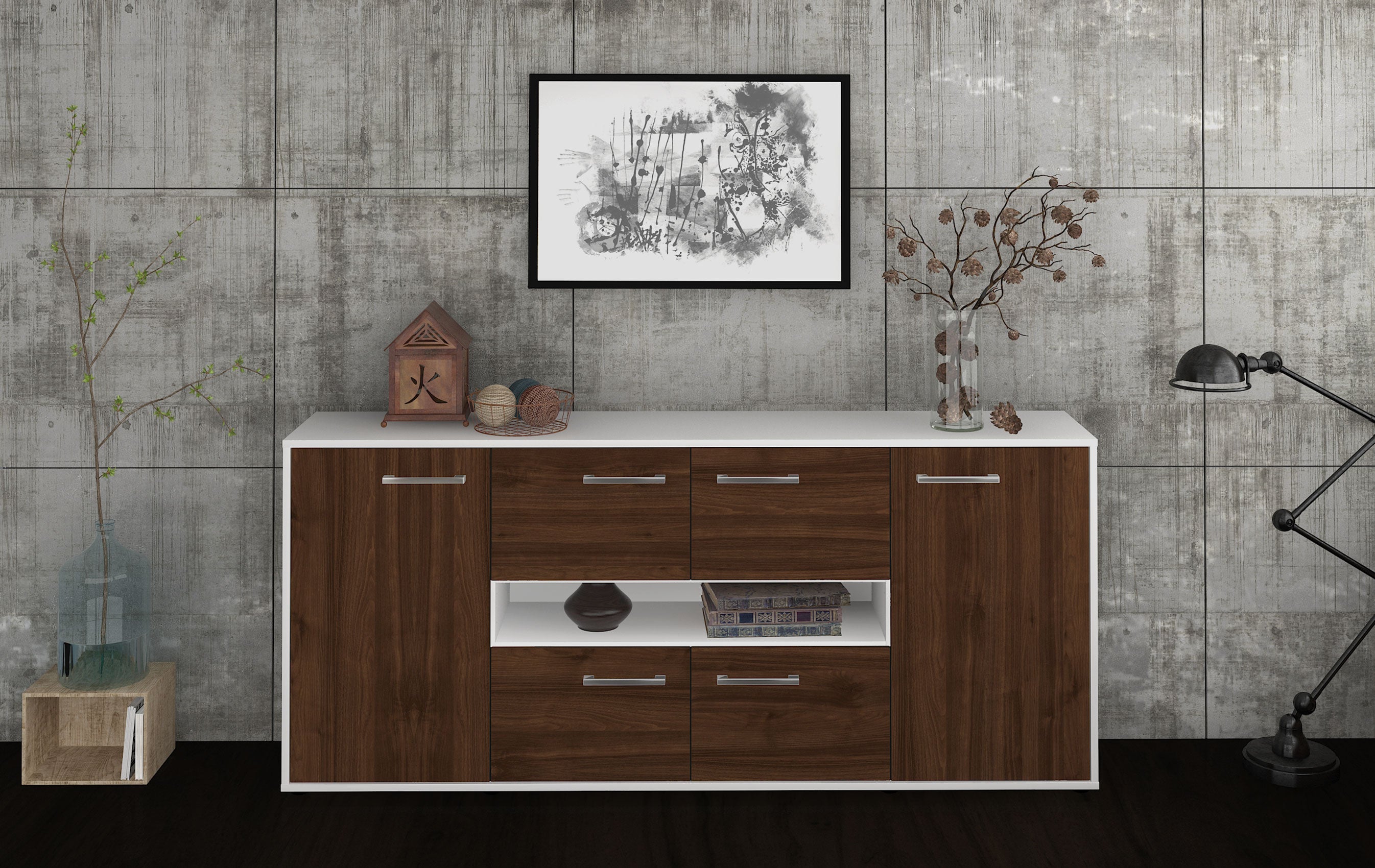 Sideboard - Farina - Design Holzdekor - Freistehend mit Griffe 180 cm Weiss
