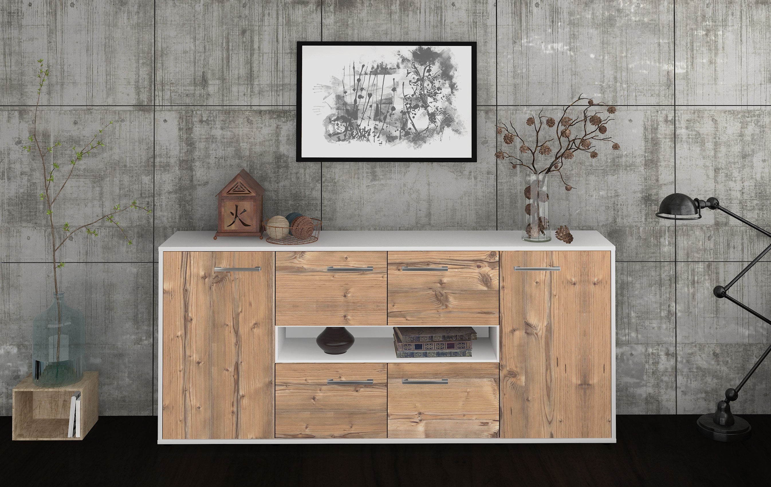 Sideboard - Farina - Design Holzdekor - Freistehend mit Griffe 180 cm Weiss