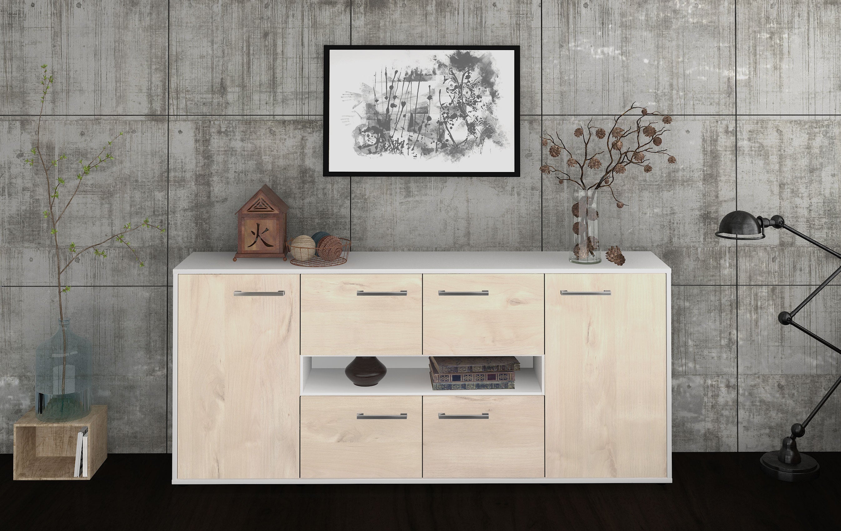 Sideboard - Farina - Design Holzdekor - Freistehend mit Griffe 180 cm Weiss
