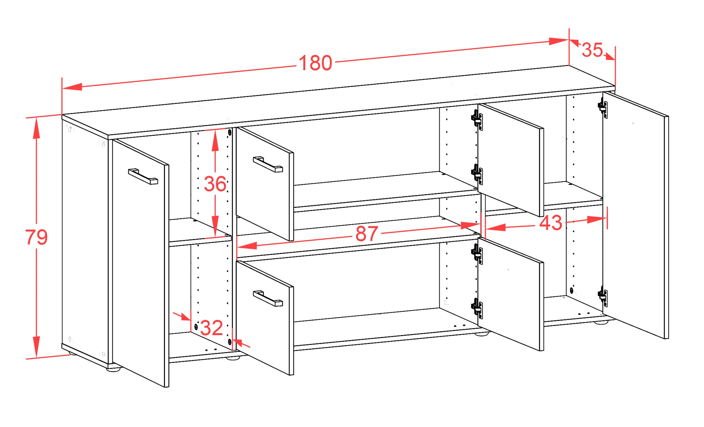 Sideboard - Farina - Design Holzdekor - Freistehend mit Griffe 180 cm Weiss