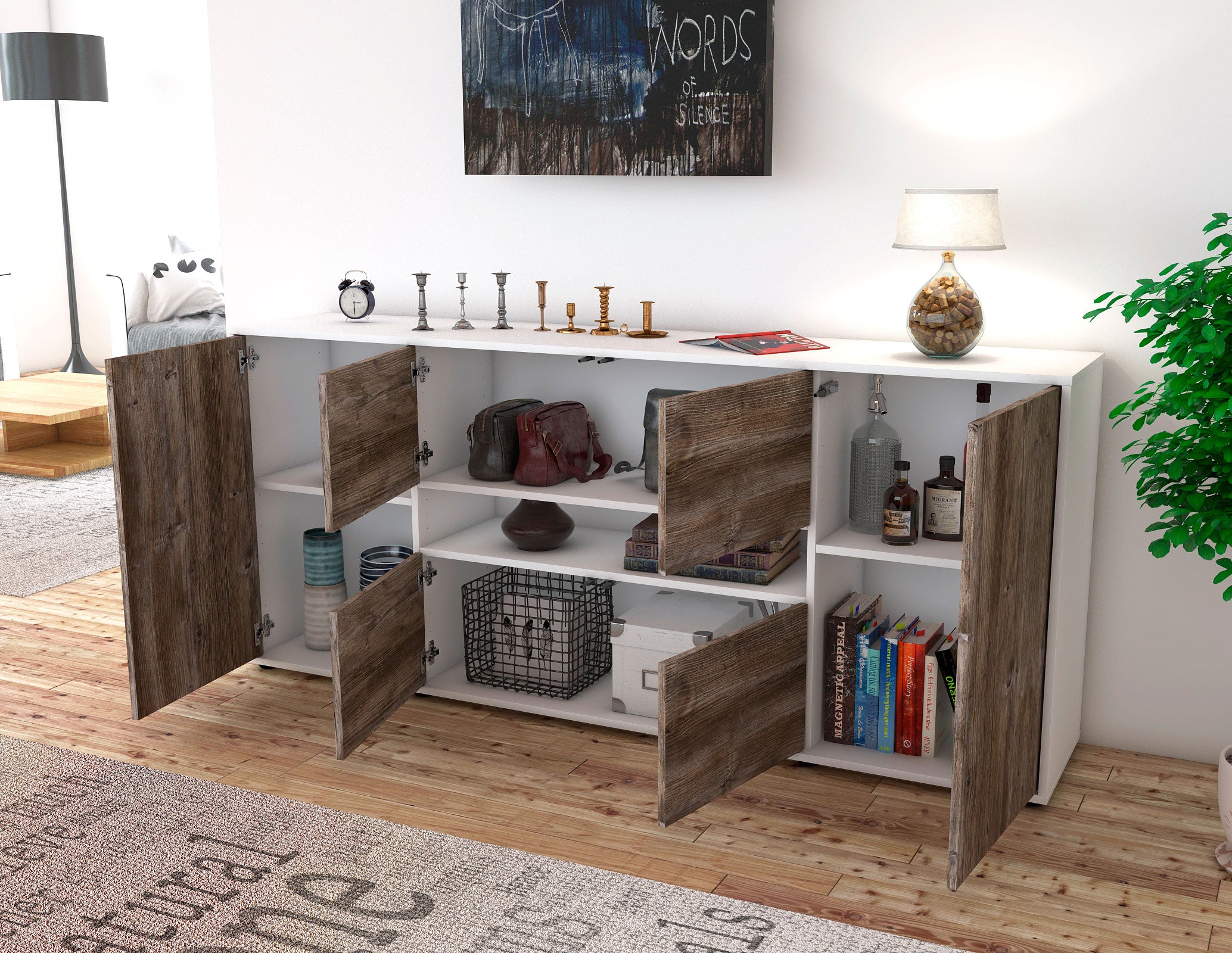 Sideboard - Farina - Design Holzdekor - Freistehend mit Griffe 180 cm Weiss