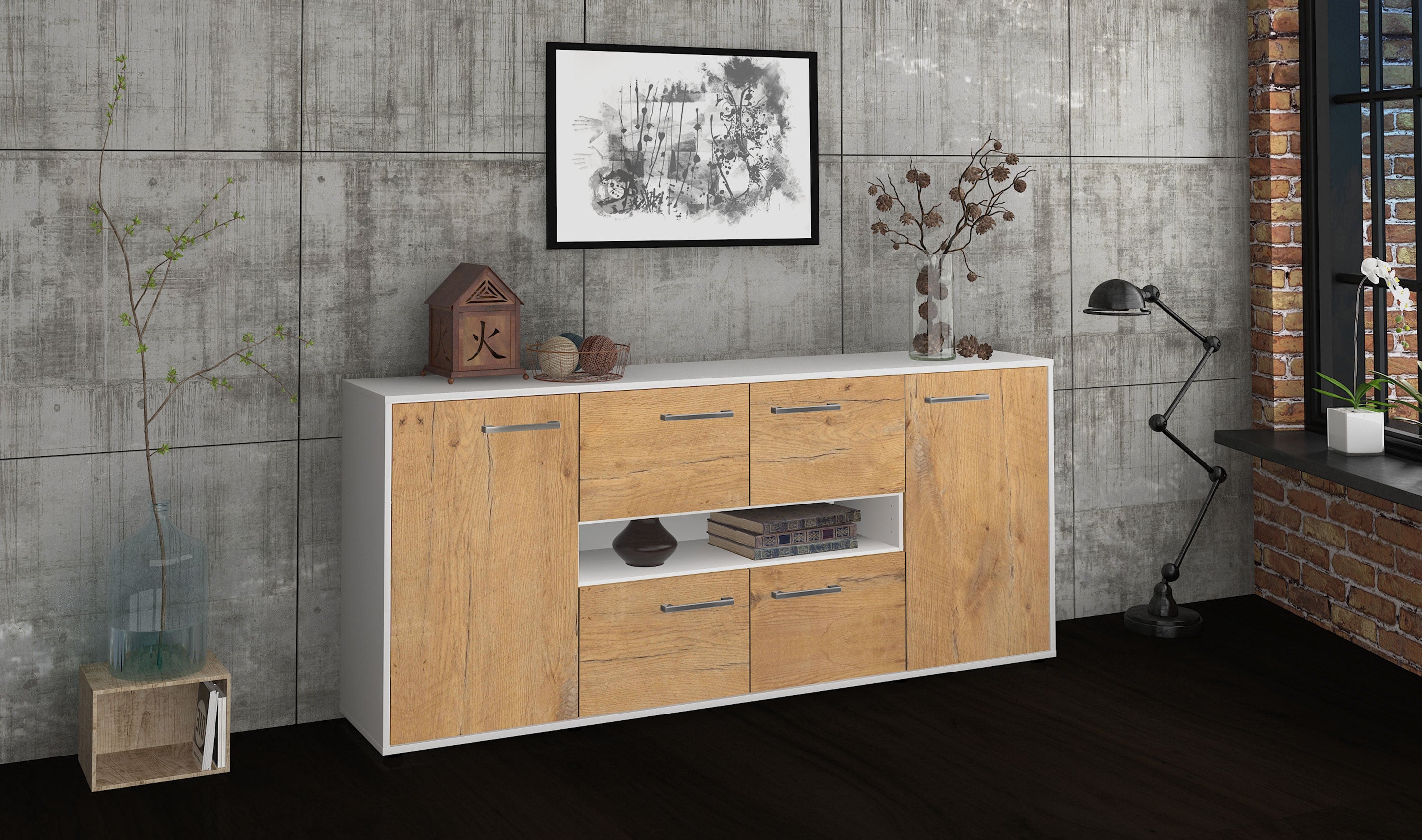 Sideboard - Farina - Design Holzdekor - Freistehend mit Griffe 180 cm Weiss