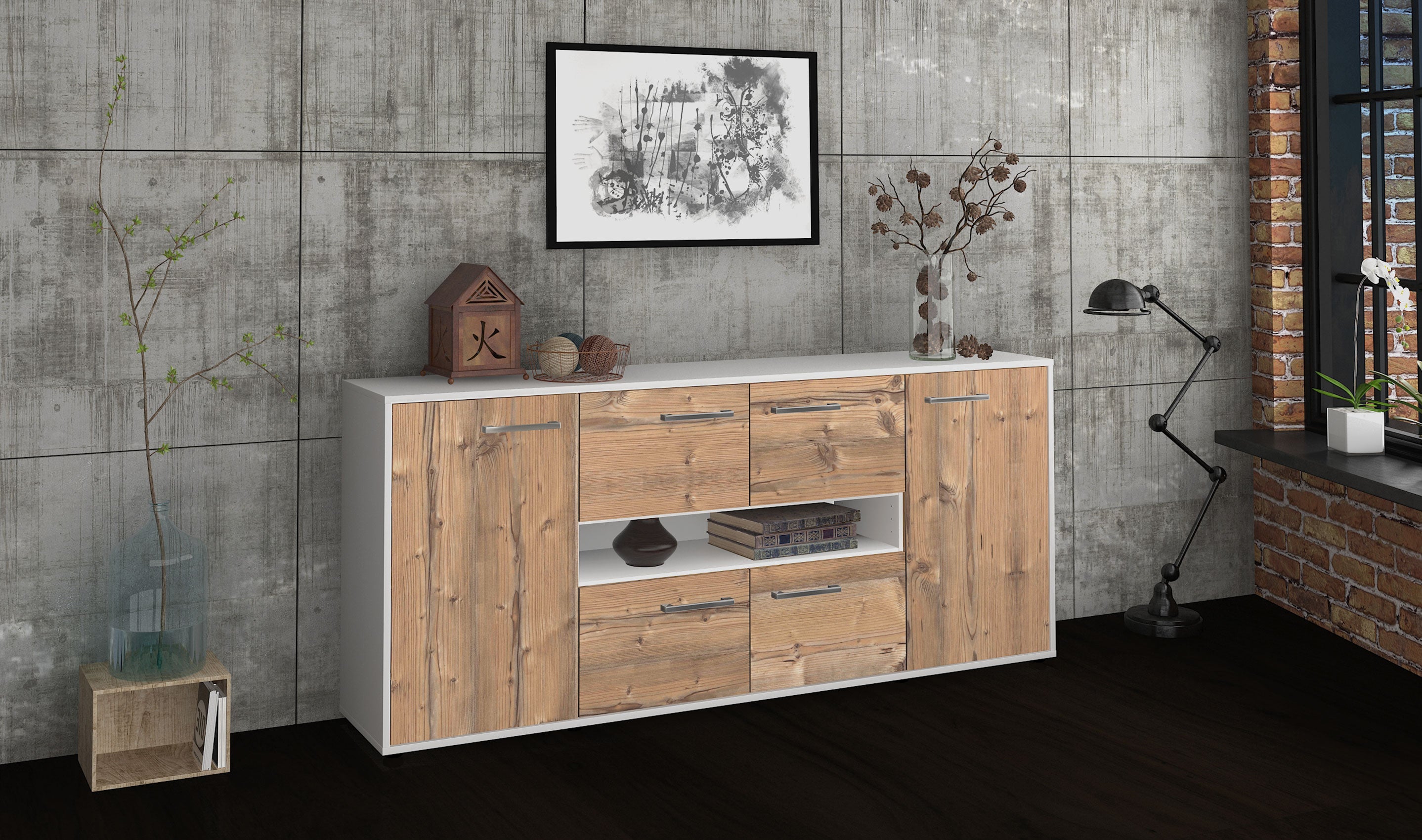Sideboard - Farina - Design Holzdekor - Freistehend mit Griffe 180 cm Weiss