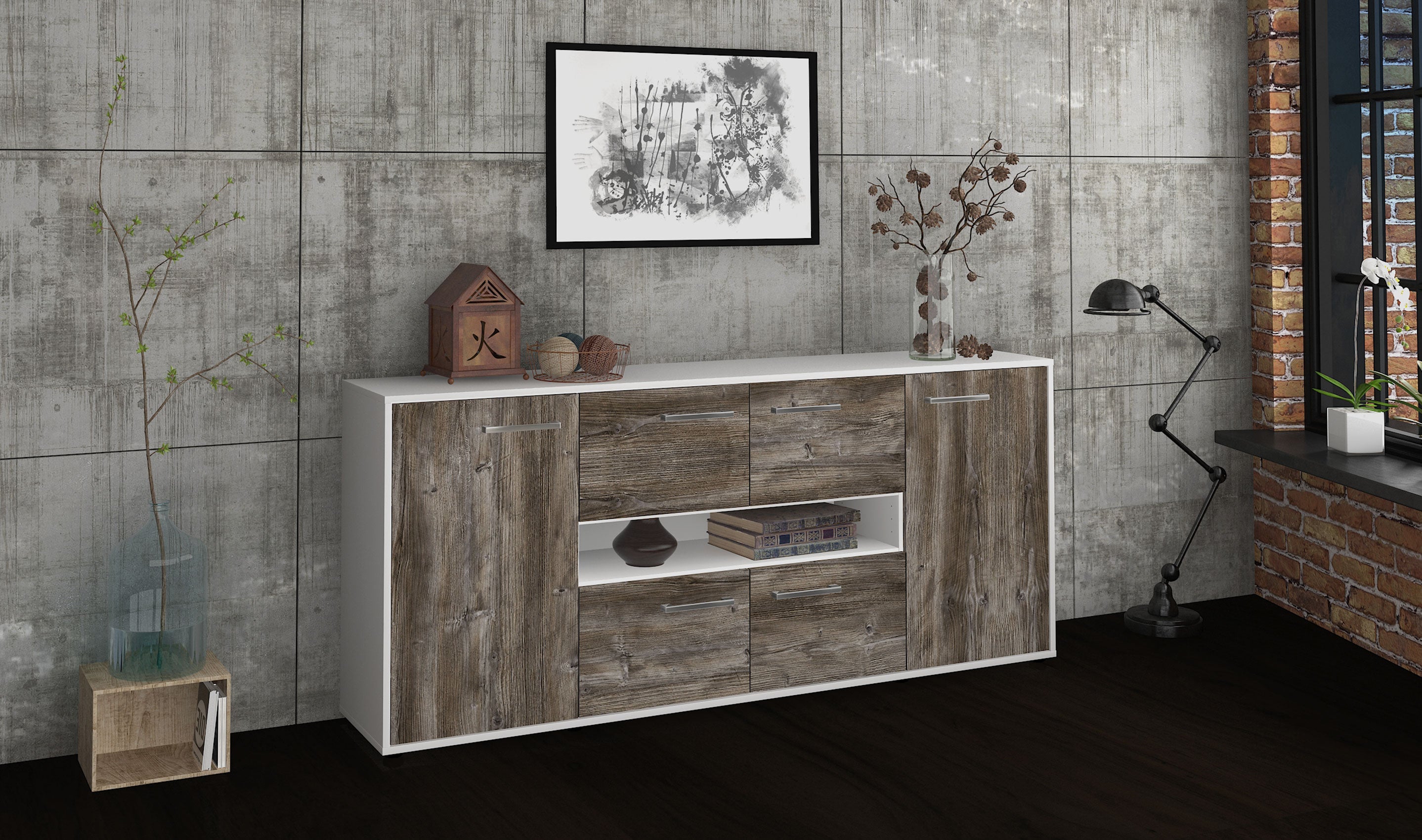 Sideboard - Farina - Design Holzdekor - Freistehend mit Griffe 180 cm Weiss