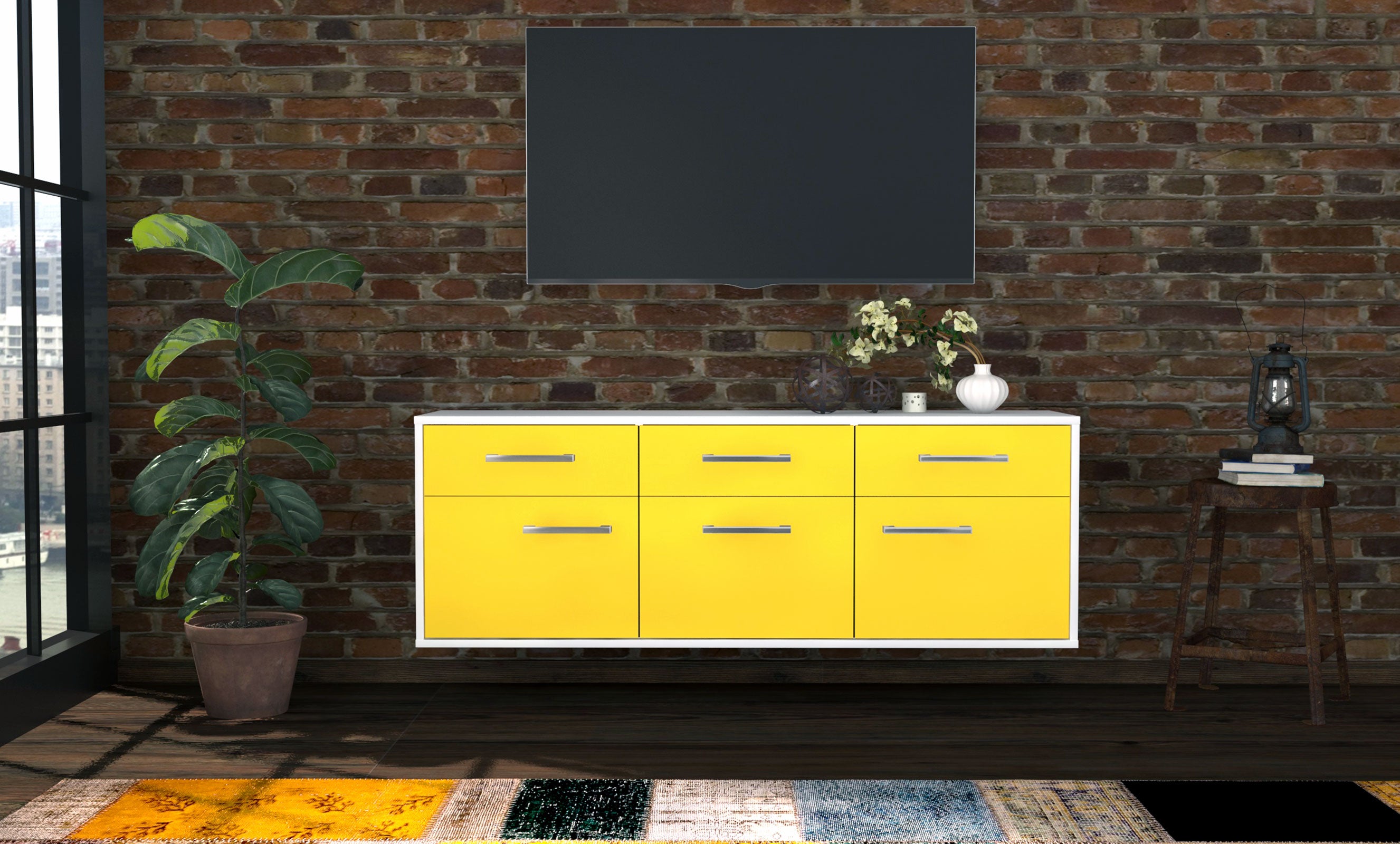 Lowboard - Angela - Design Farbakzent - Wandmontage mit Griffe 136 cm Weiss
