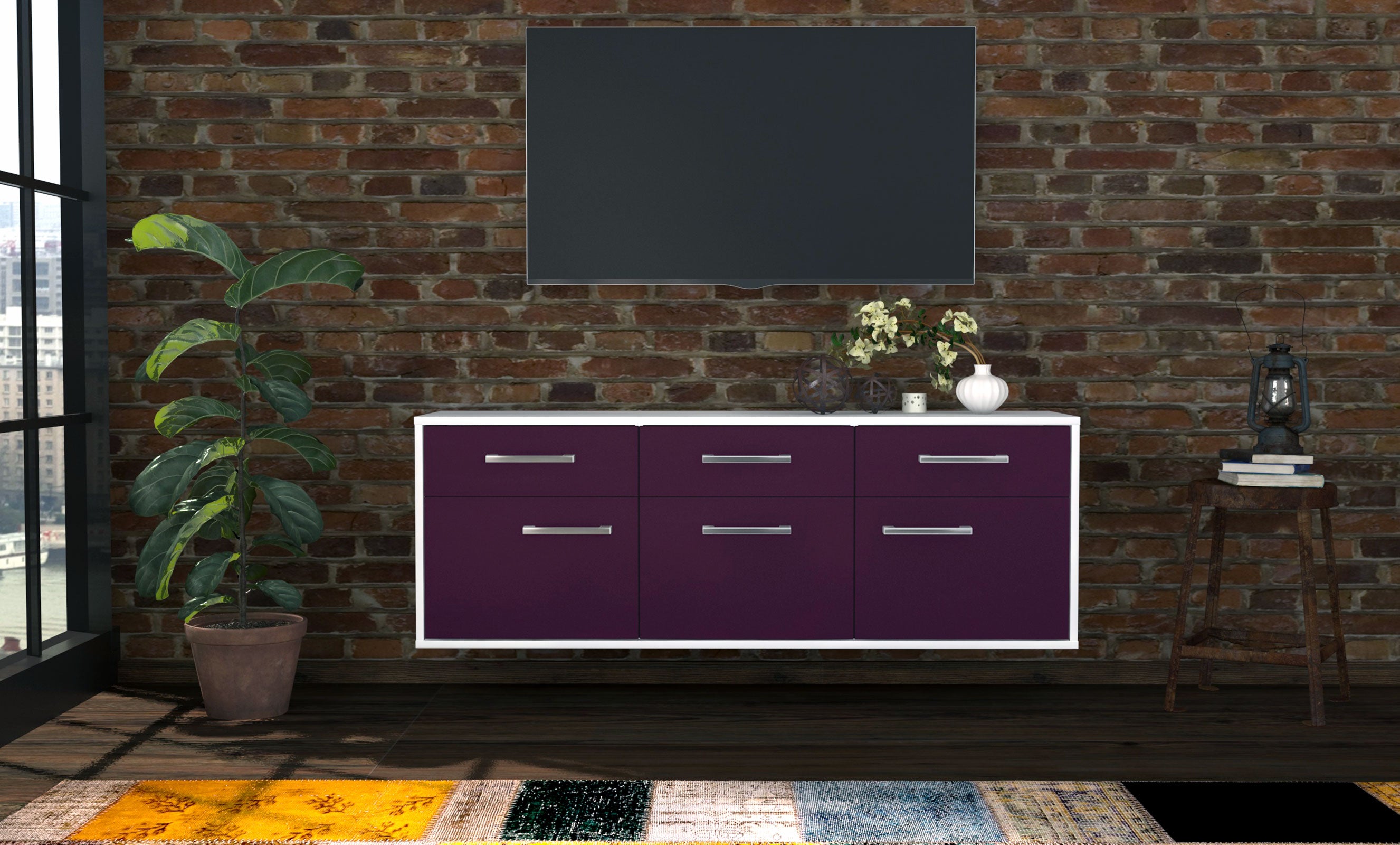 Lowboard - Angela - Design Farbakzent - Wandmontage mit Griffe 136 cm Weiss