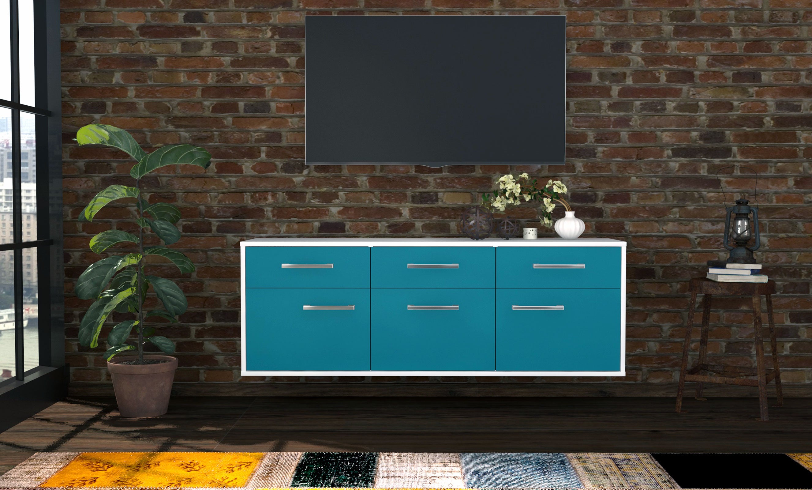 Lowboard - Angela - Design Farbakzent - Wandmontage mit Griffe 136 cm Weiss