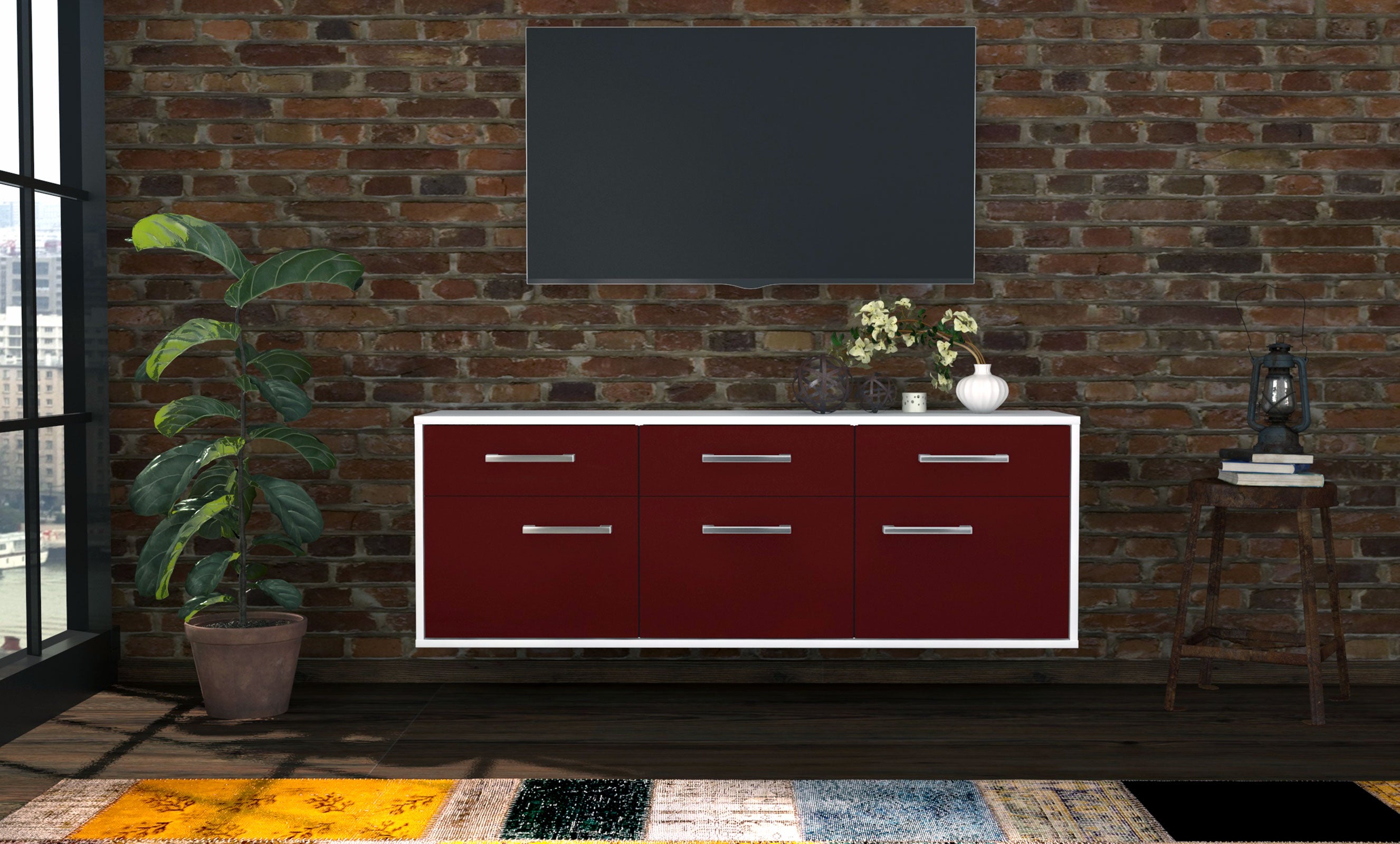 Lowboard - Angela - Design Farbakzent - Wandmontage mit Griffe 136 cm Weiss