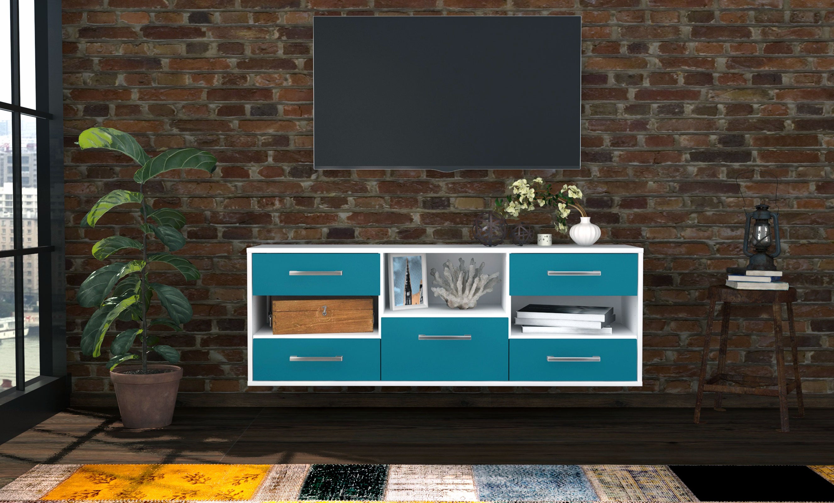 Lowboard - Annunziata - Design Farbakzent - Wandmontage mit Griffe 136 cm Weiss