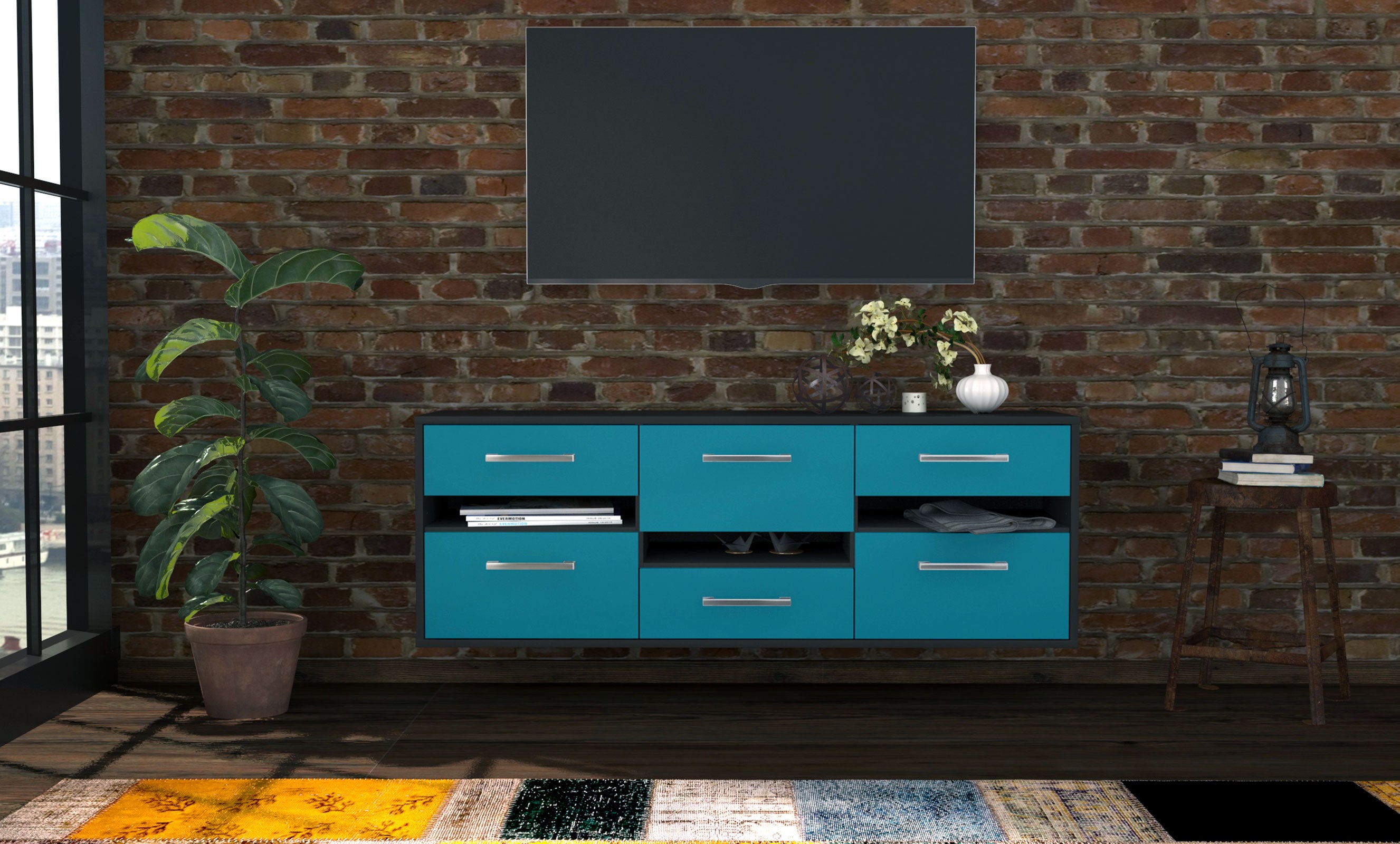 Lowboard - Annalisa - Design Farbakzent - Wandmontage mit Griffe 136 cm Anthrazit